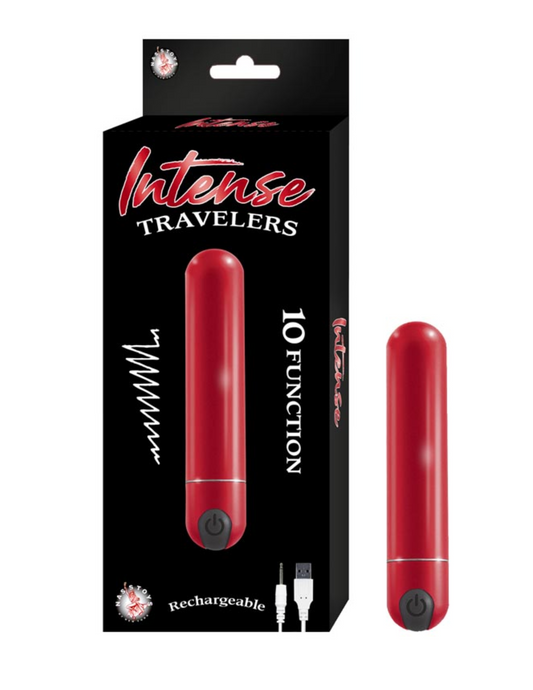 Photo of the Intense Travelers Aluminum Vibe from Nasstoys (red) next to its box.
