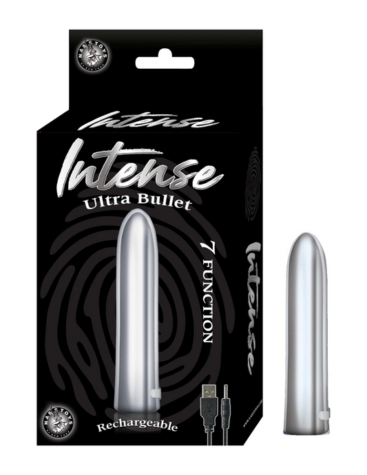 Photo of the Intense Ultra Bullet from Nasstoys (silver) next to its box.