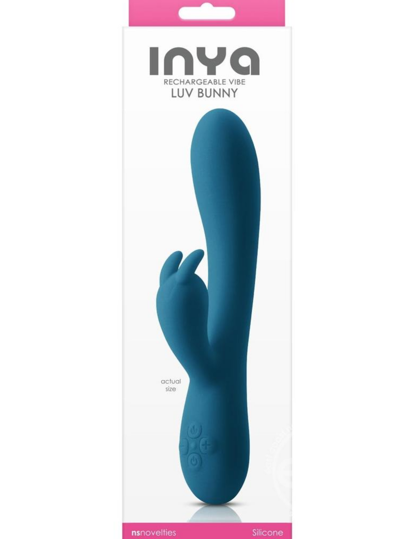 Photo of the front of the box for the nya Luv Bunny (teal) from NS Novelties.