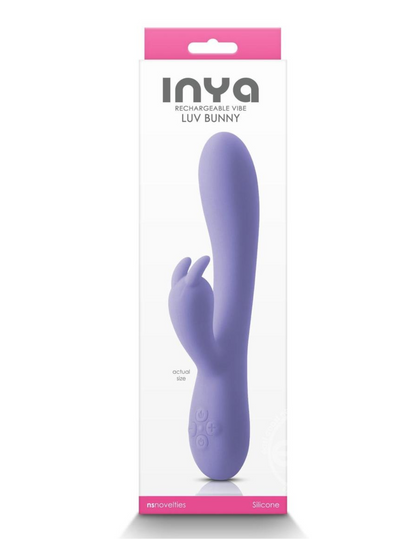 Photo of the front of the box for the nya Luv Bunny (purple) from NS Novelties.