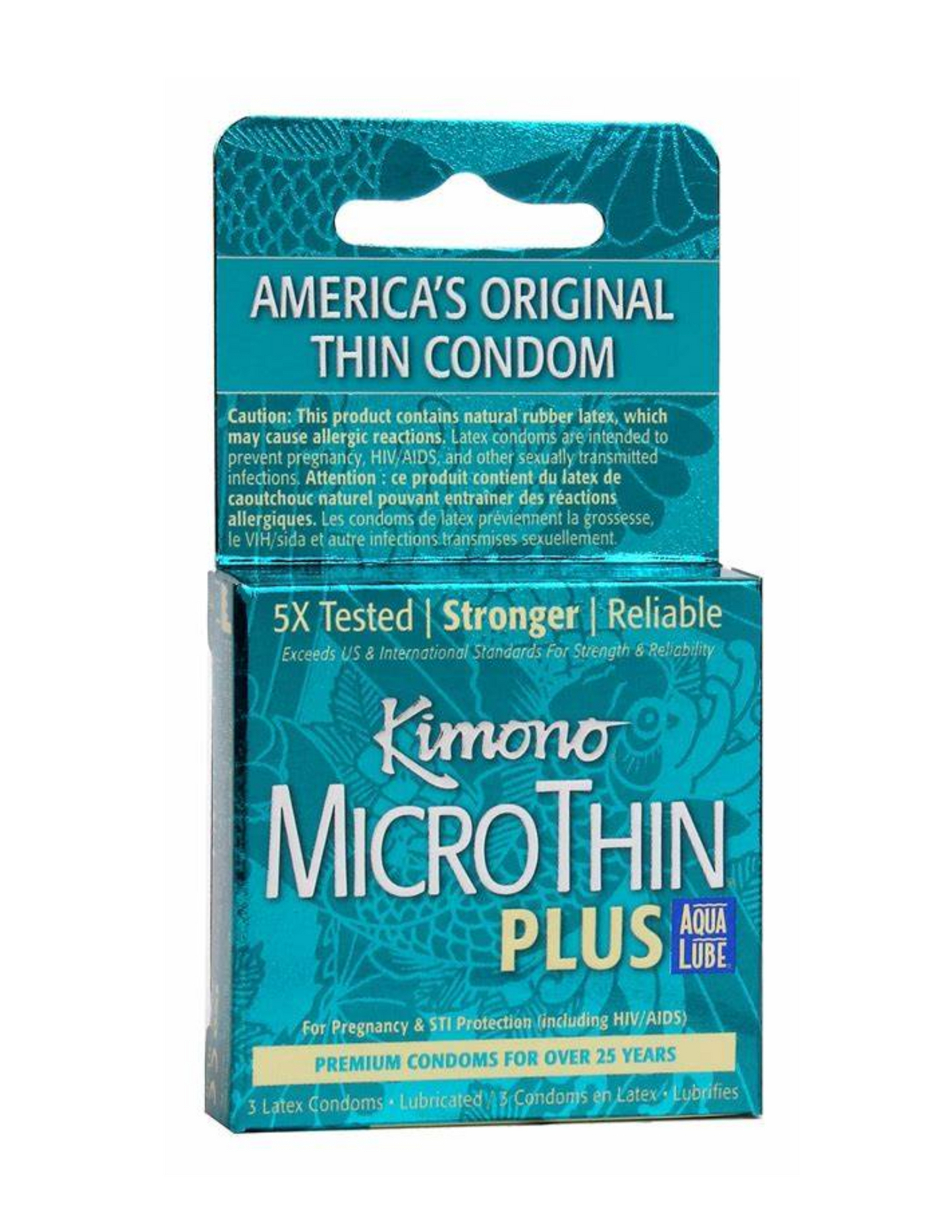 Photo of the Aqua Lube MicroThin Plus Condoms from Kimono (light blue box).