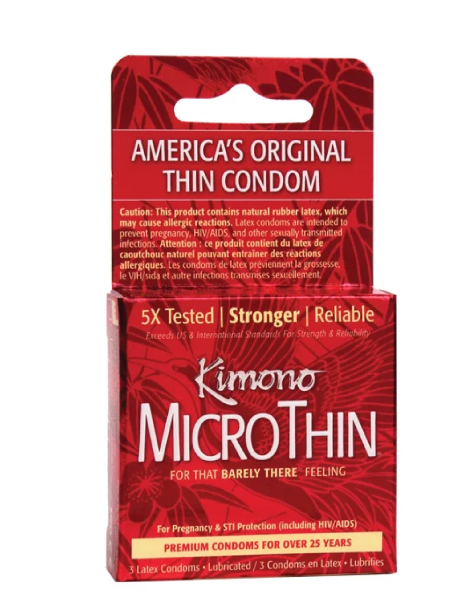 Photo of the Premium Lubricated Latex MicroThin Condoms from Kimono (red box).