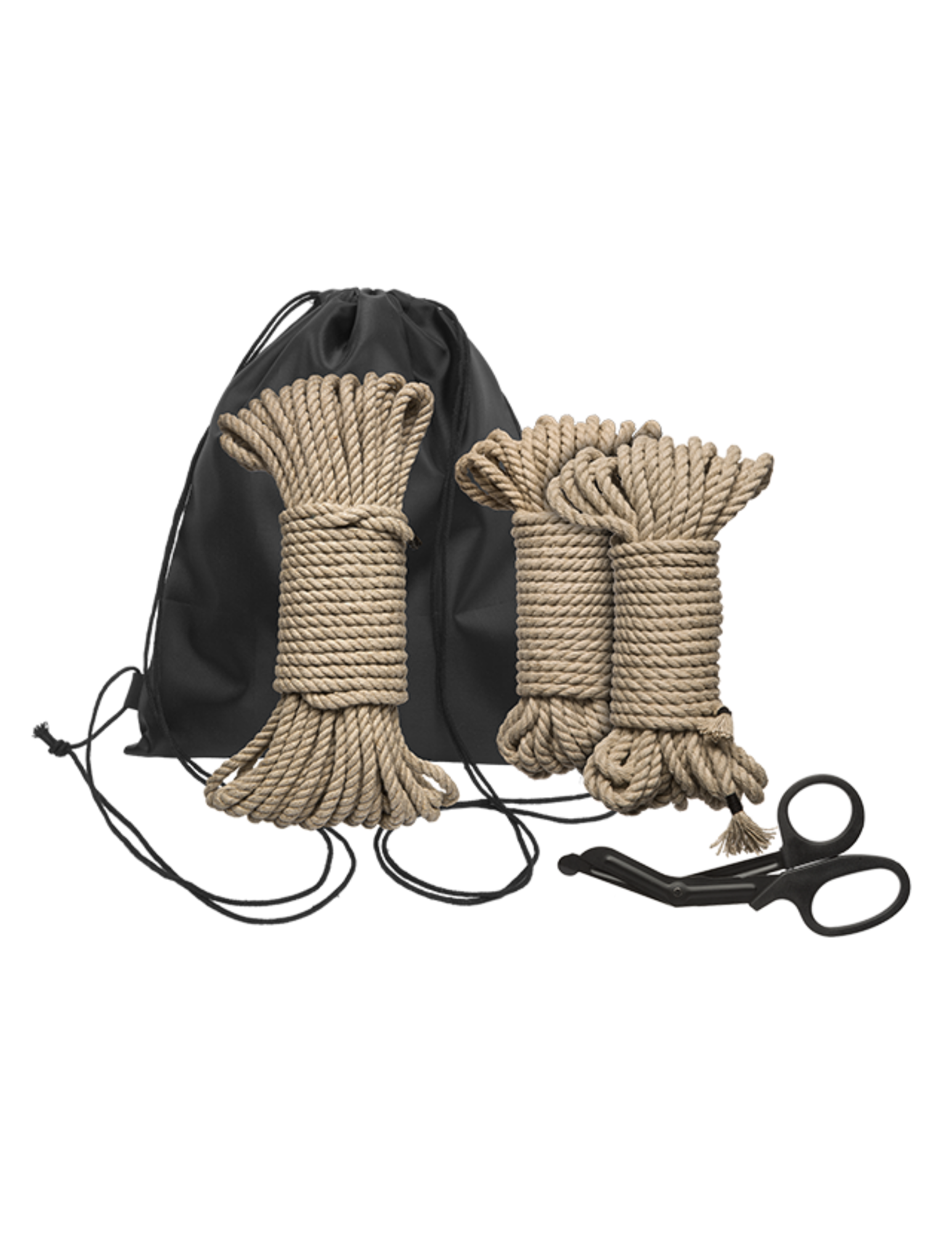 Image shows what comes with the kit: 3 sections of rope, safety scissors, and carrying bag.