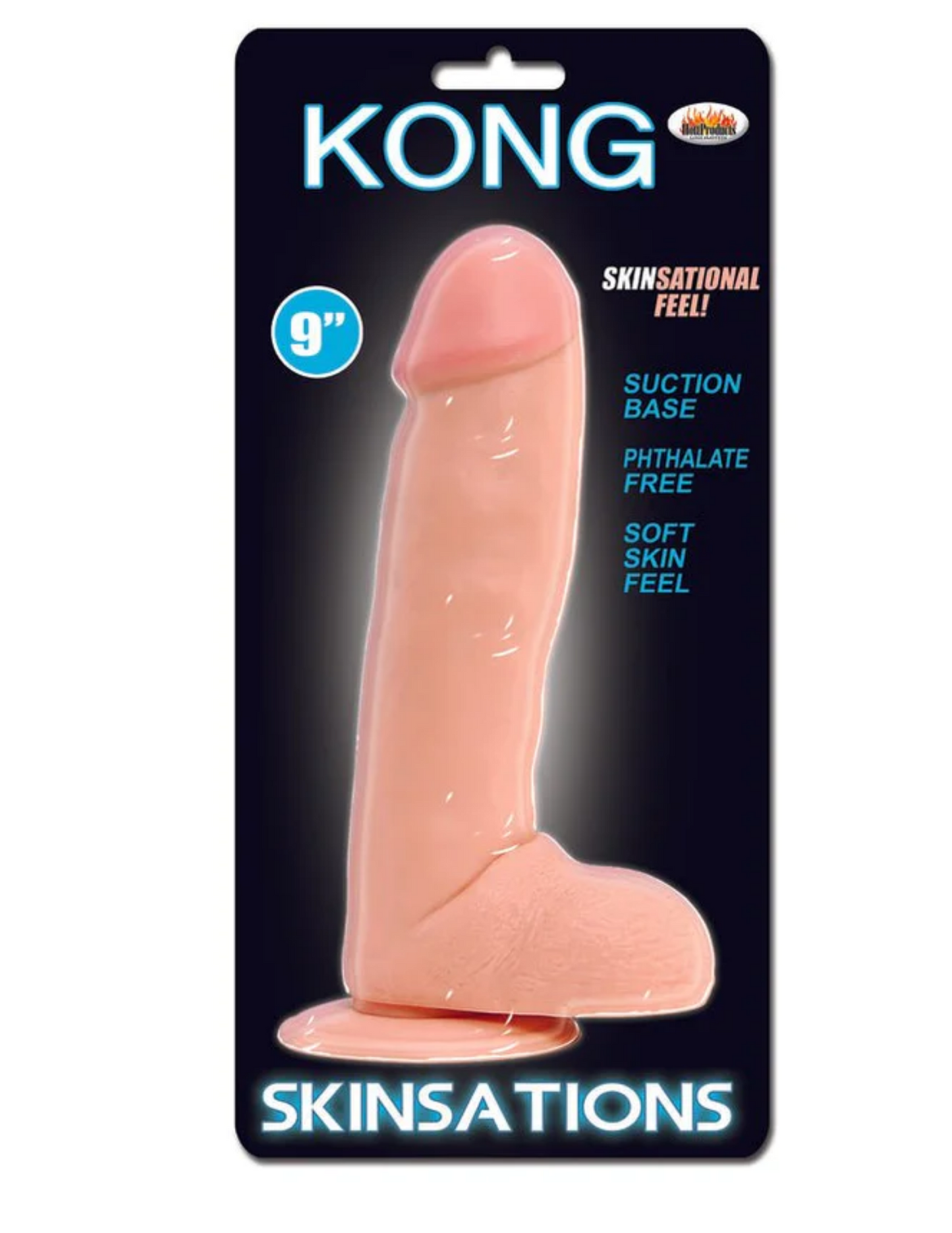 Photo of the product and package for the Skinsations Kong Dildo from Hott Products.
