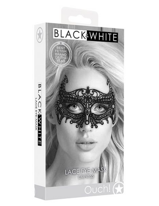 Photo of the box for the Empress style Lace Eye Mask from Ouch! by Shots America.