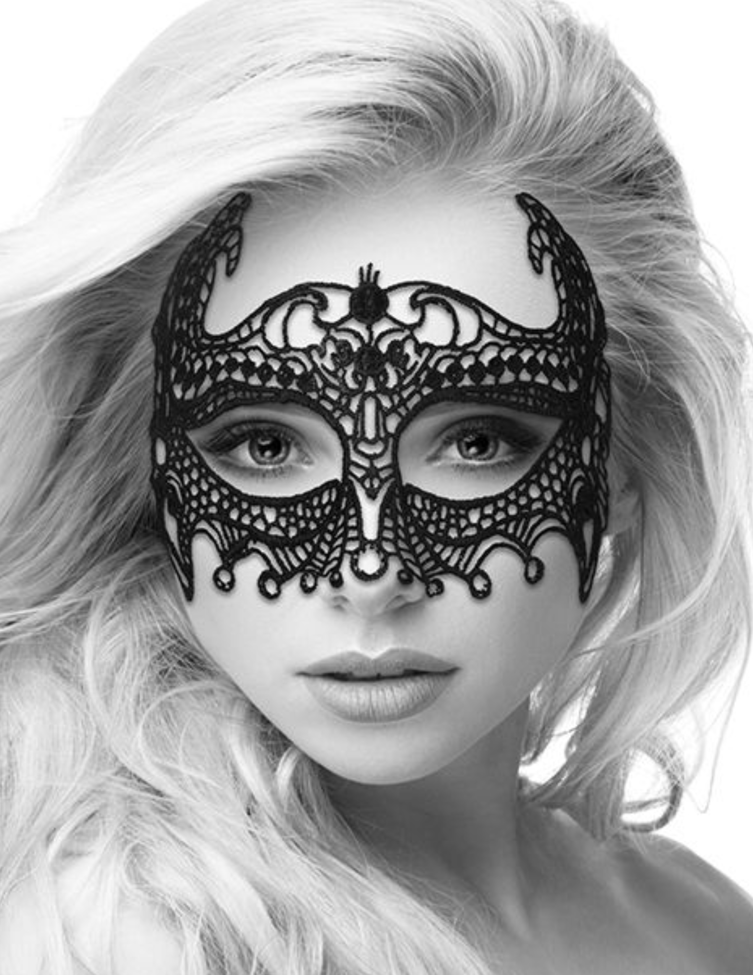 Photo of a model wearing the Empress style Lace Eye Mask from Ouch! by Shots America.
