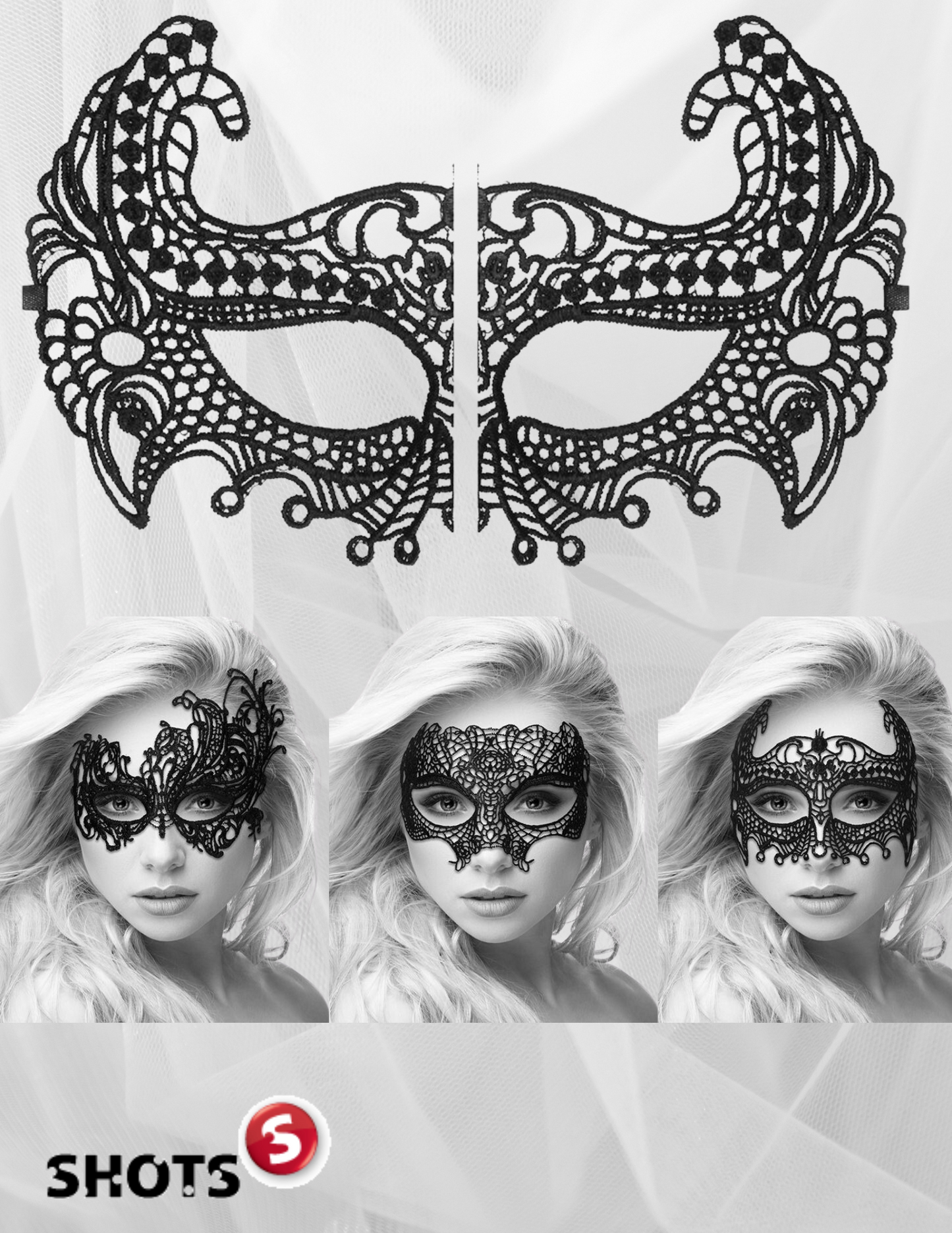Ad for 3 of the styles of Lace Eye Masks from Ouch! by Shots America.