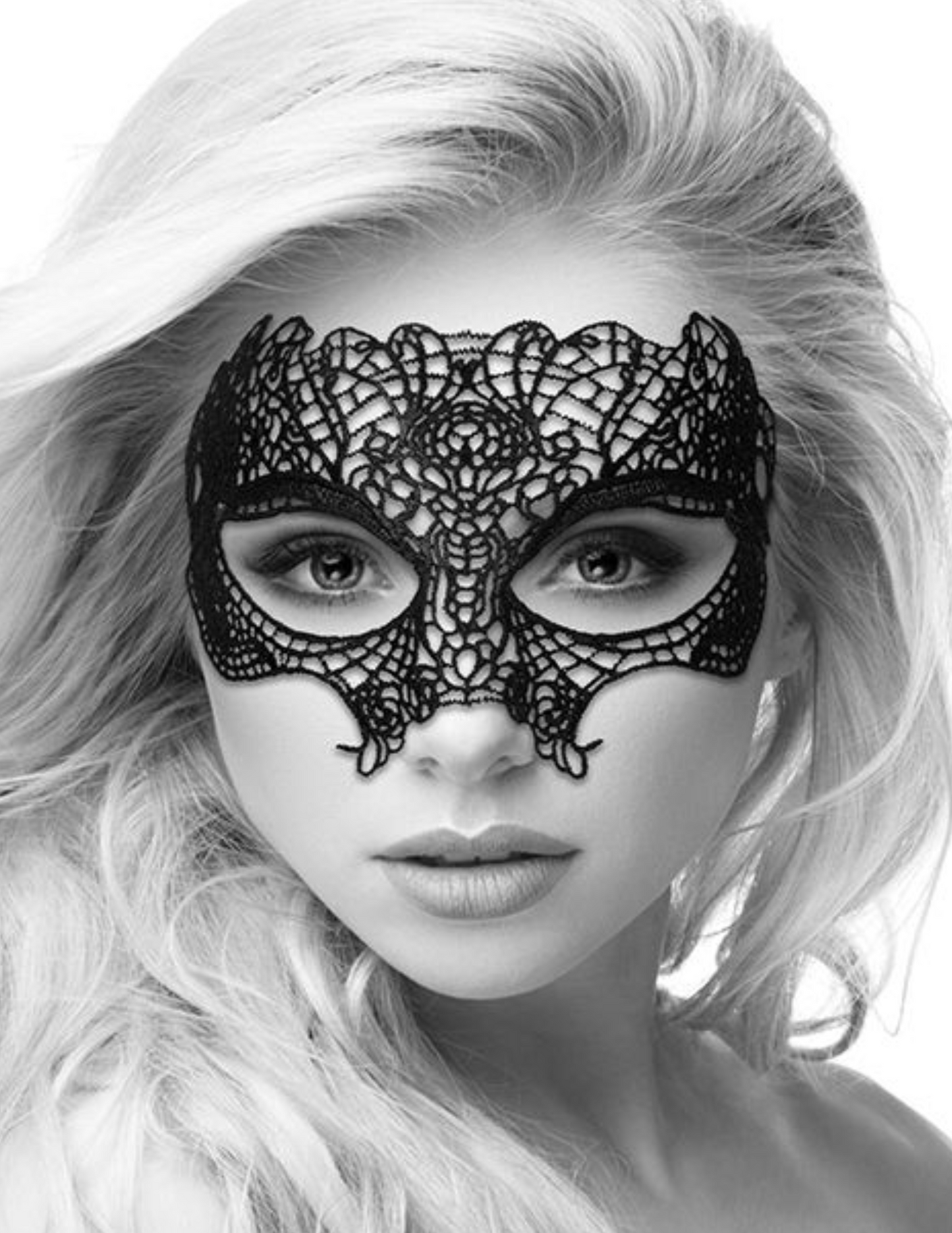 Photo of a model wearing the Princess style Lace Eye Mask from Ouch! by Shots America.