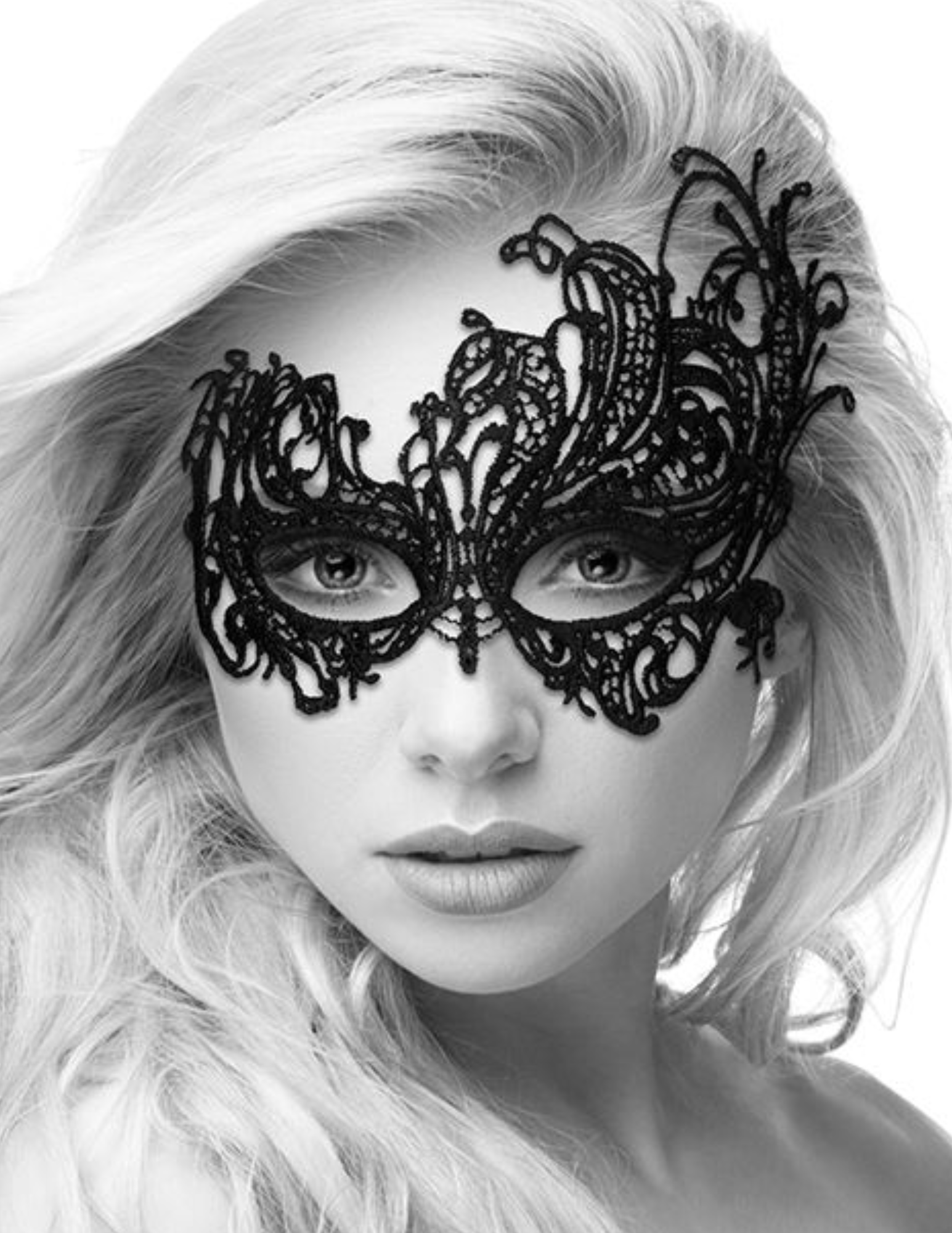 Photo of a model wearing the Royal style Lace Eye Mask from Ouch! by Shots America.