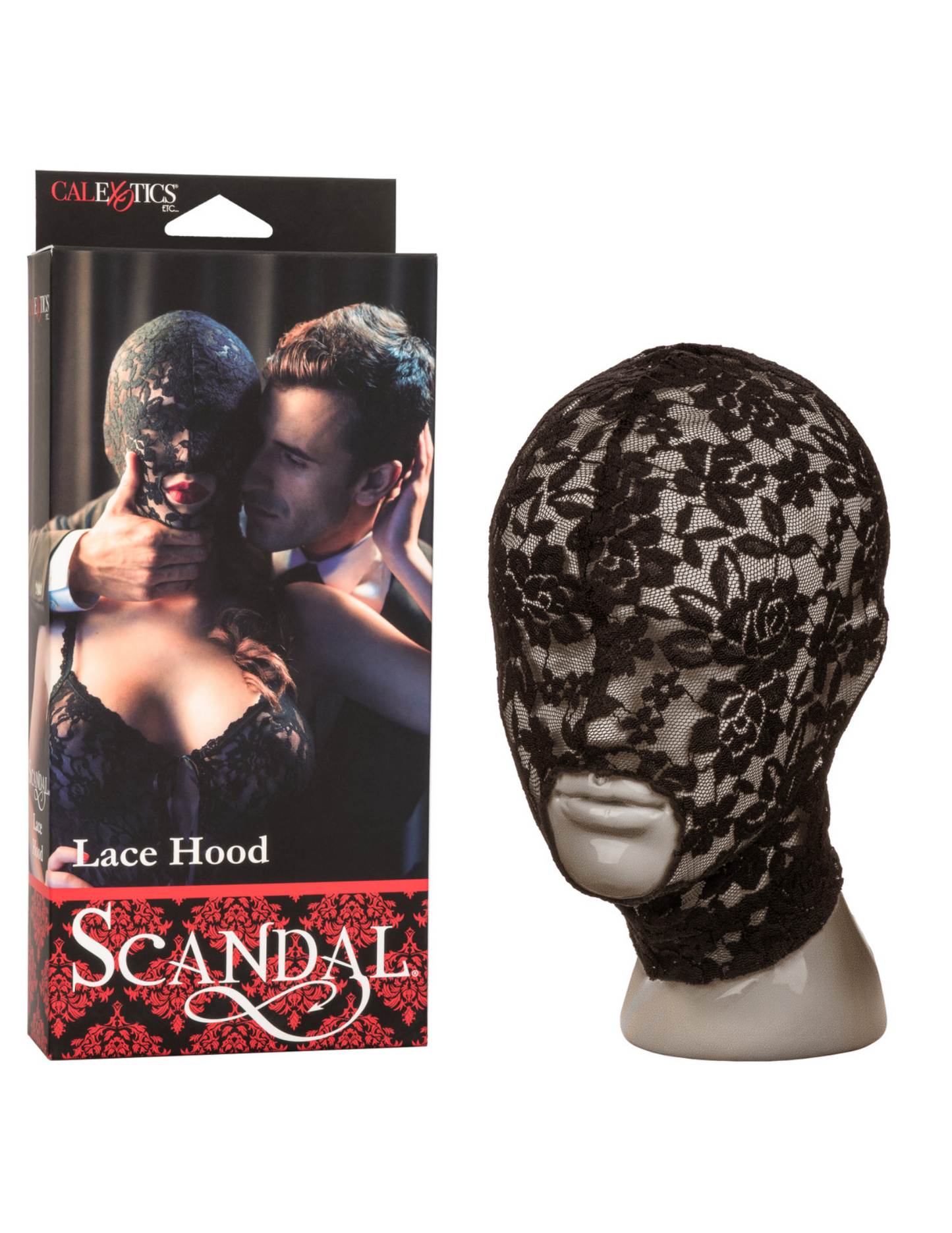 Photo of the Scandal Lace Hood (black) from CalExotics, next to its box.