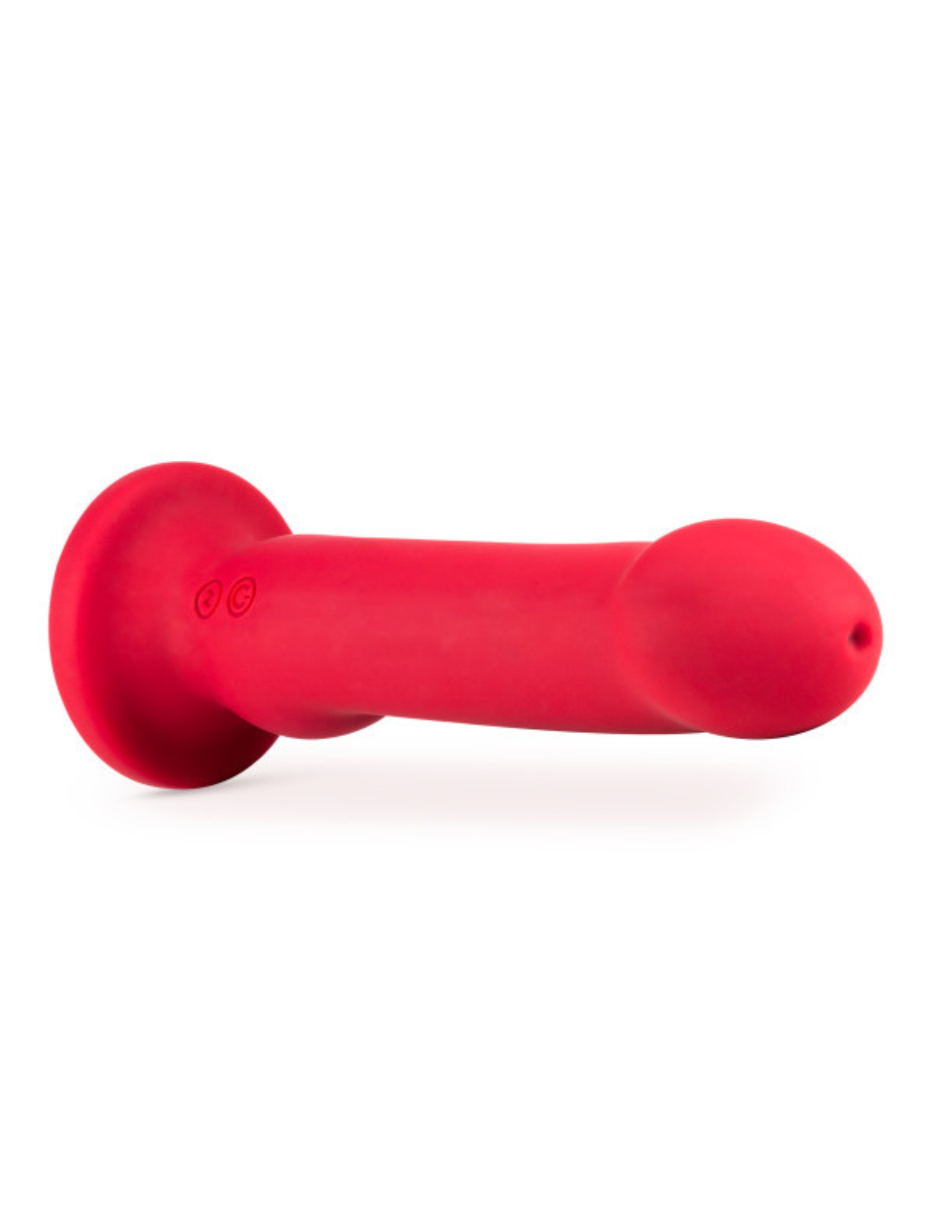 Side view of the Impressions Las Vegas Vibrator from Blush (crimson) shows its realistic head and thick shaft.