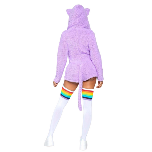 Leg Avenue Cuddle Kitty soft, hooded, purple romper with tail. (Back view) 