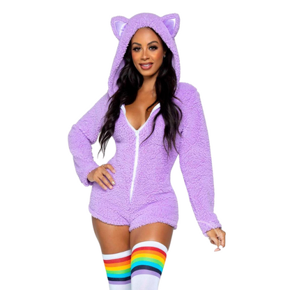 Leg Avenue Cuddle Kitty soft, hooded, purple romper with tail. (Front view) 
