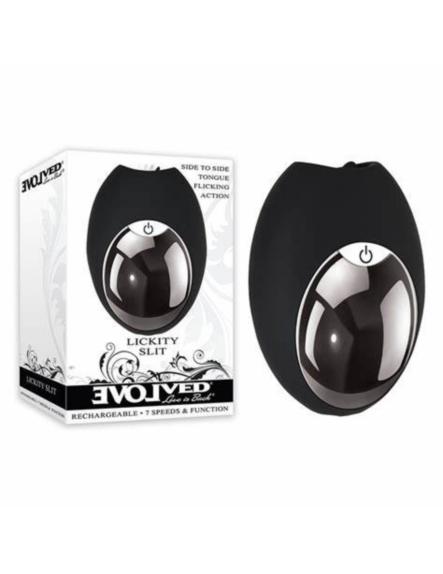 Photo shows the Evolved Lickity Slit Rechargeable Silicone Massager next to its box,