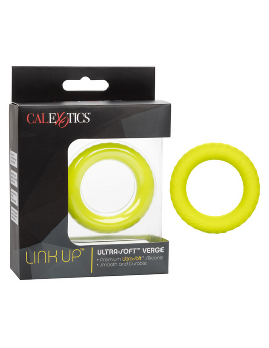 Photo of the Link Up Ultra Soft Edge Silicone Cock Ring, from CalExotics (yellow) box and product.