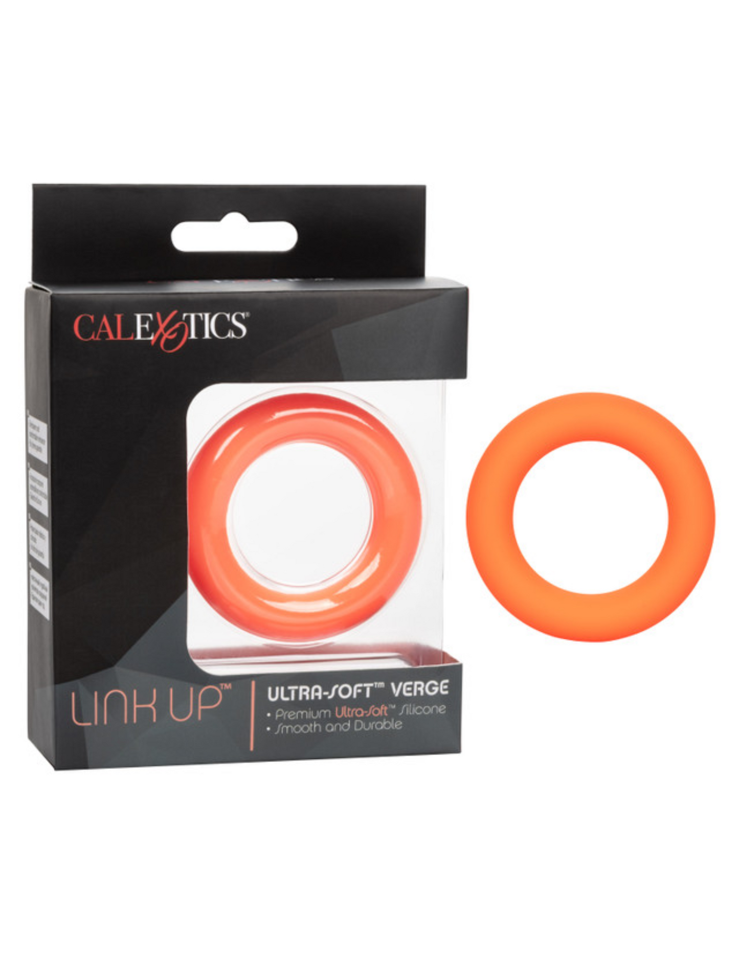 Photo of the  Link Up Ultra Soft Verge Silicone Cock Ring, from CalExotics (orange) box and product.