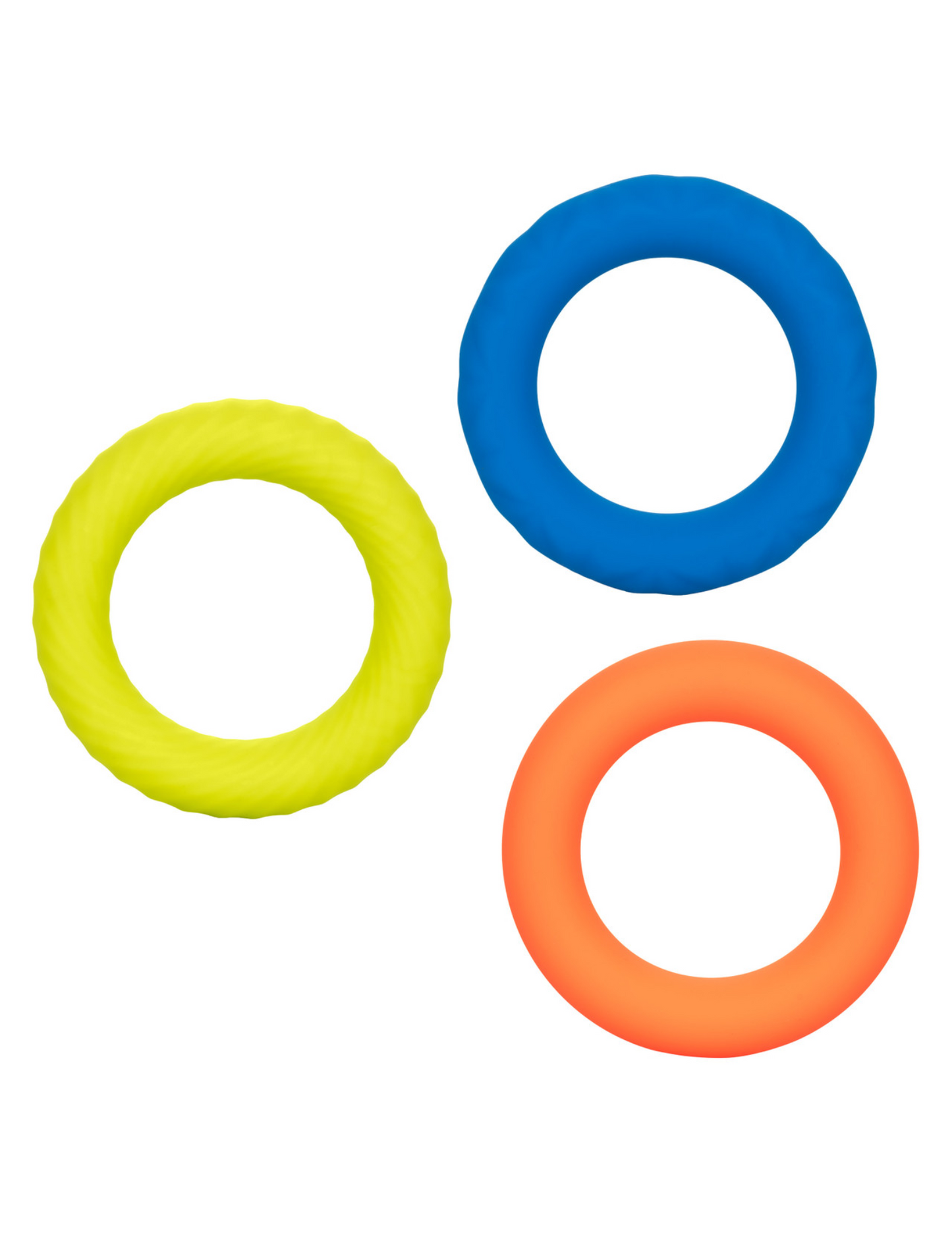 Full view of the 3 different cock rings that come with the Link Up Ultra Soft Cock Ring Set (3pk), from CalExotics (orange, blue, green).