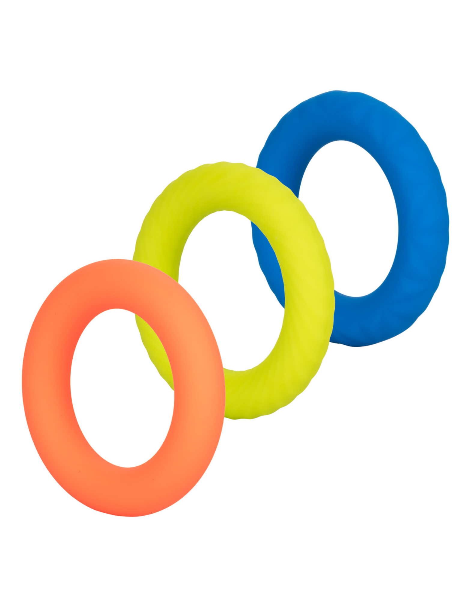 Photo shows the set of Link Up Ultra Soft Cock Ring Set (3pk), from CalExotics (orange, blue, green).