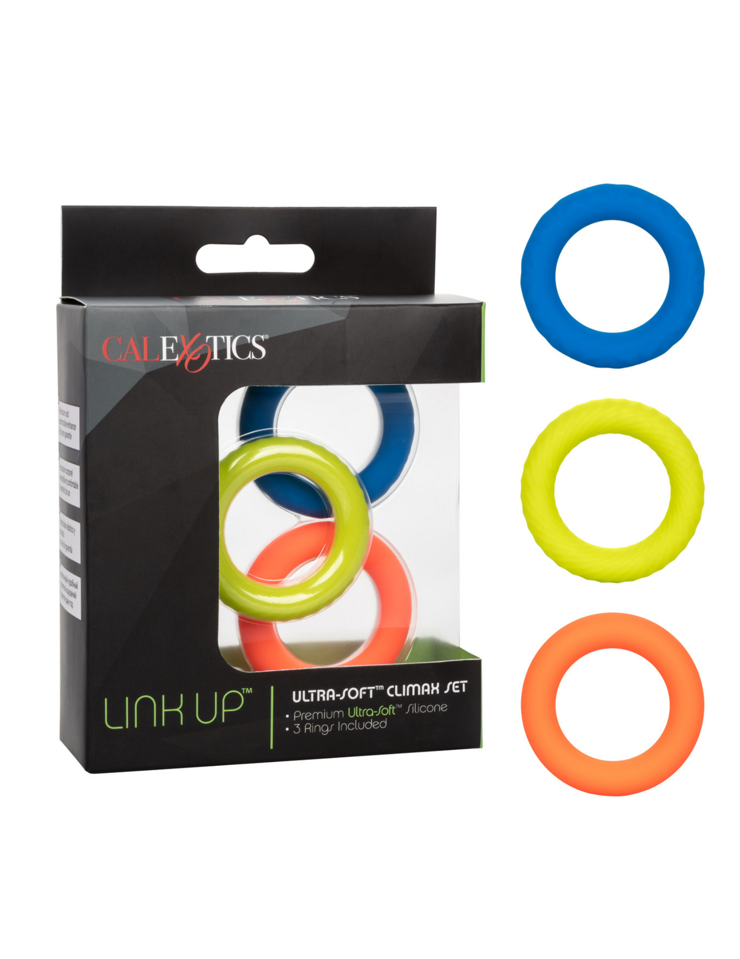 Photo shows the Link Up Ultra Soft Cock Ring Set (3pk), from CalExotics (orange, blue, green) box and product.