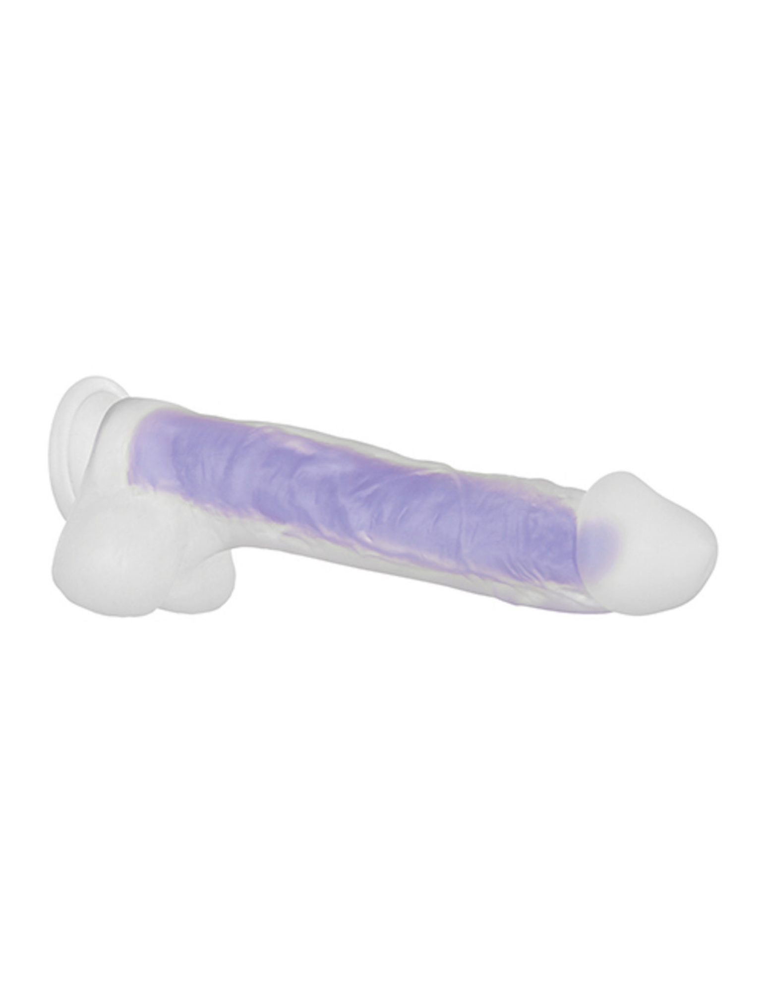 Side view of the Luminous Dildo (stud) from Evolved Novelties shows the realistic head and testicles.