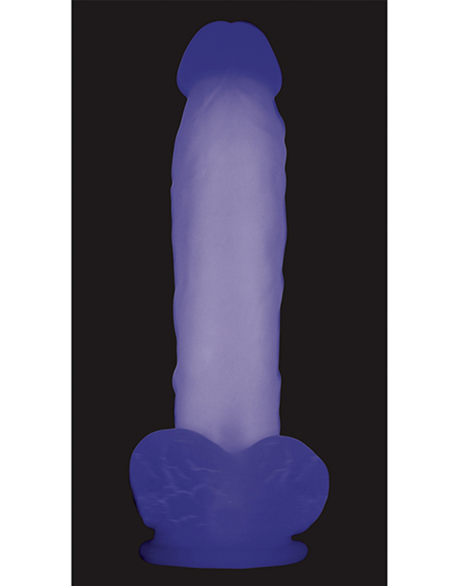 Full view of the Luminous Dildo (medium) from Evolved Novelties showing its purple glow when in the dark.