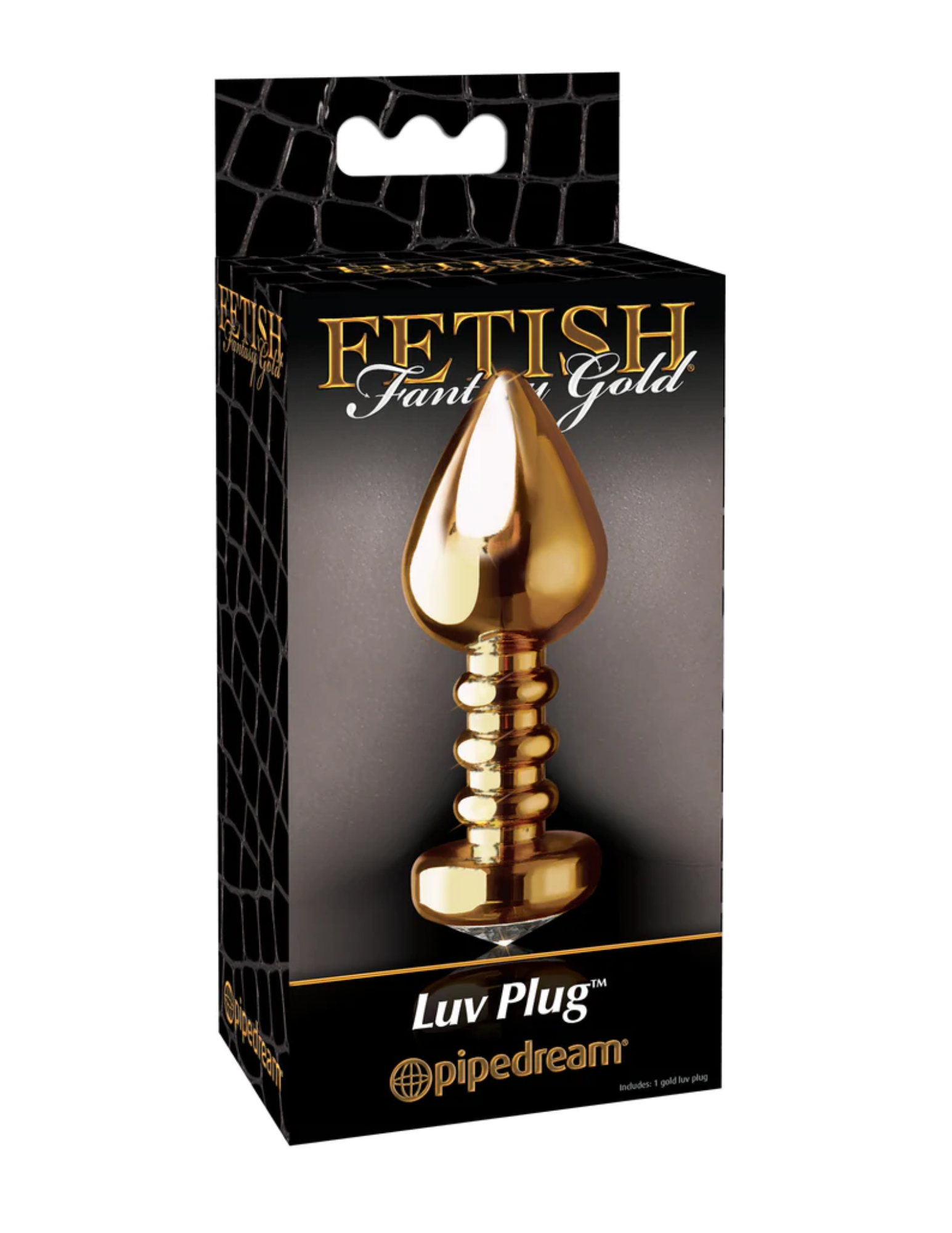 Photo of the front of the box for the etish Fantasy Gold Luv Plug from Pipedreams (gold).