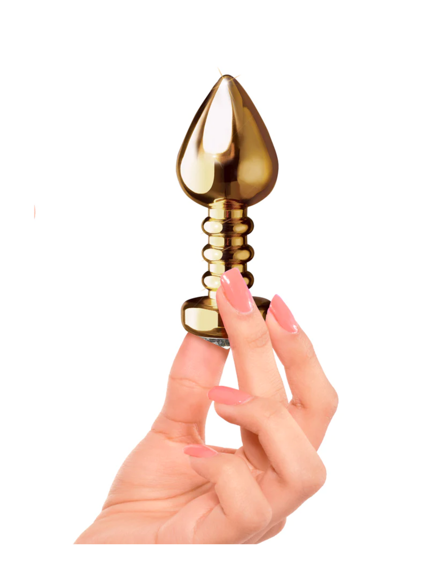 Photo of a hand holding the etish Fantasy Gold Luv Plug from Pipedreams (gold) to show size by comparison.