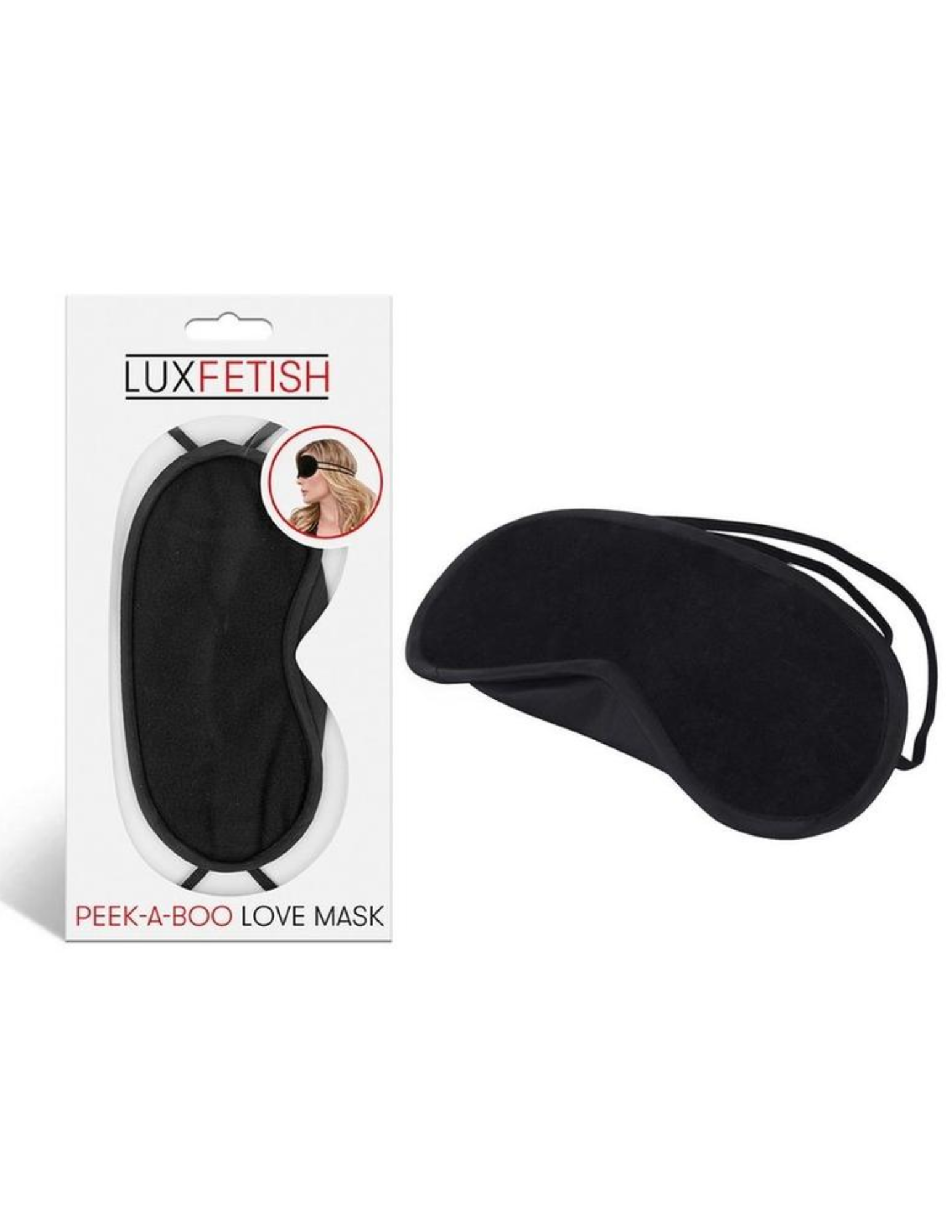 Lux Fetish Love Mask in its package (black).