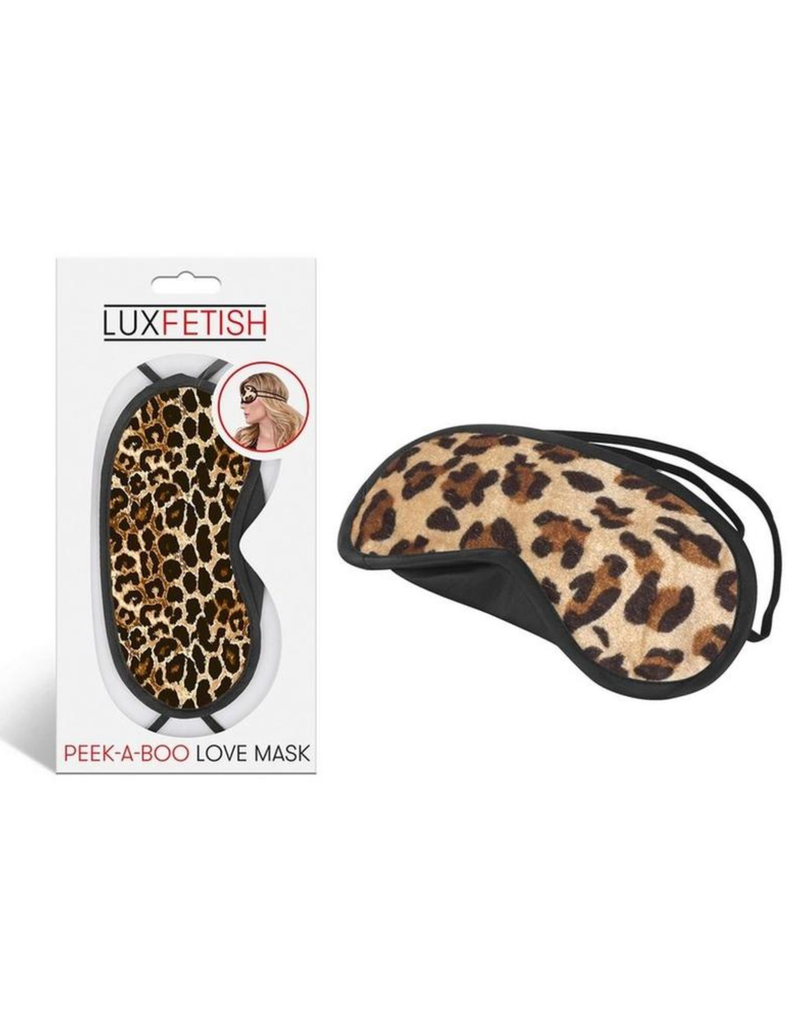 Photo shows the love mask in the package as well as next to it (leopard).