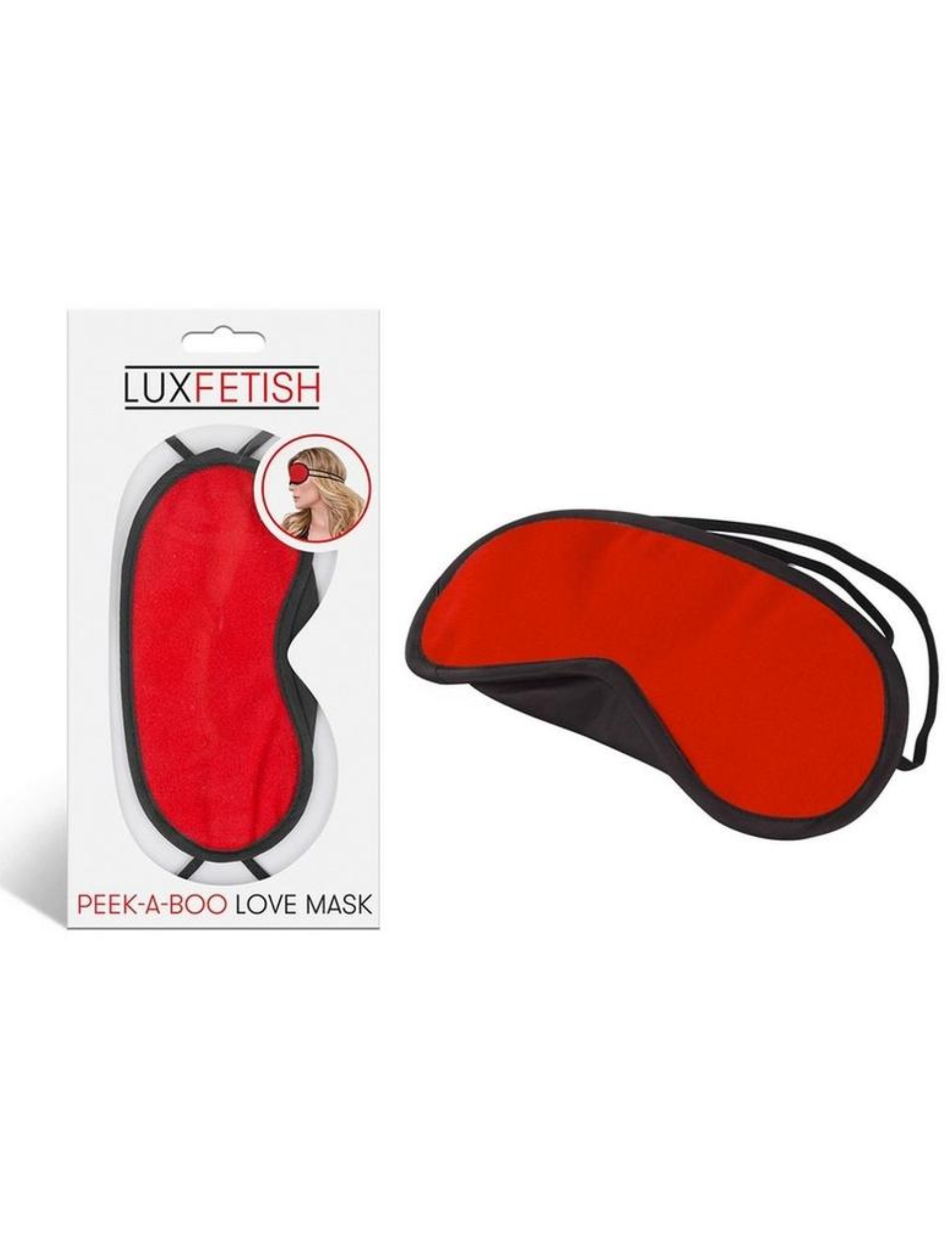 Photo shows the love mask in the package as well as next to it (red).