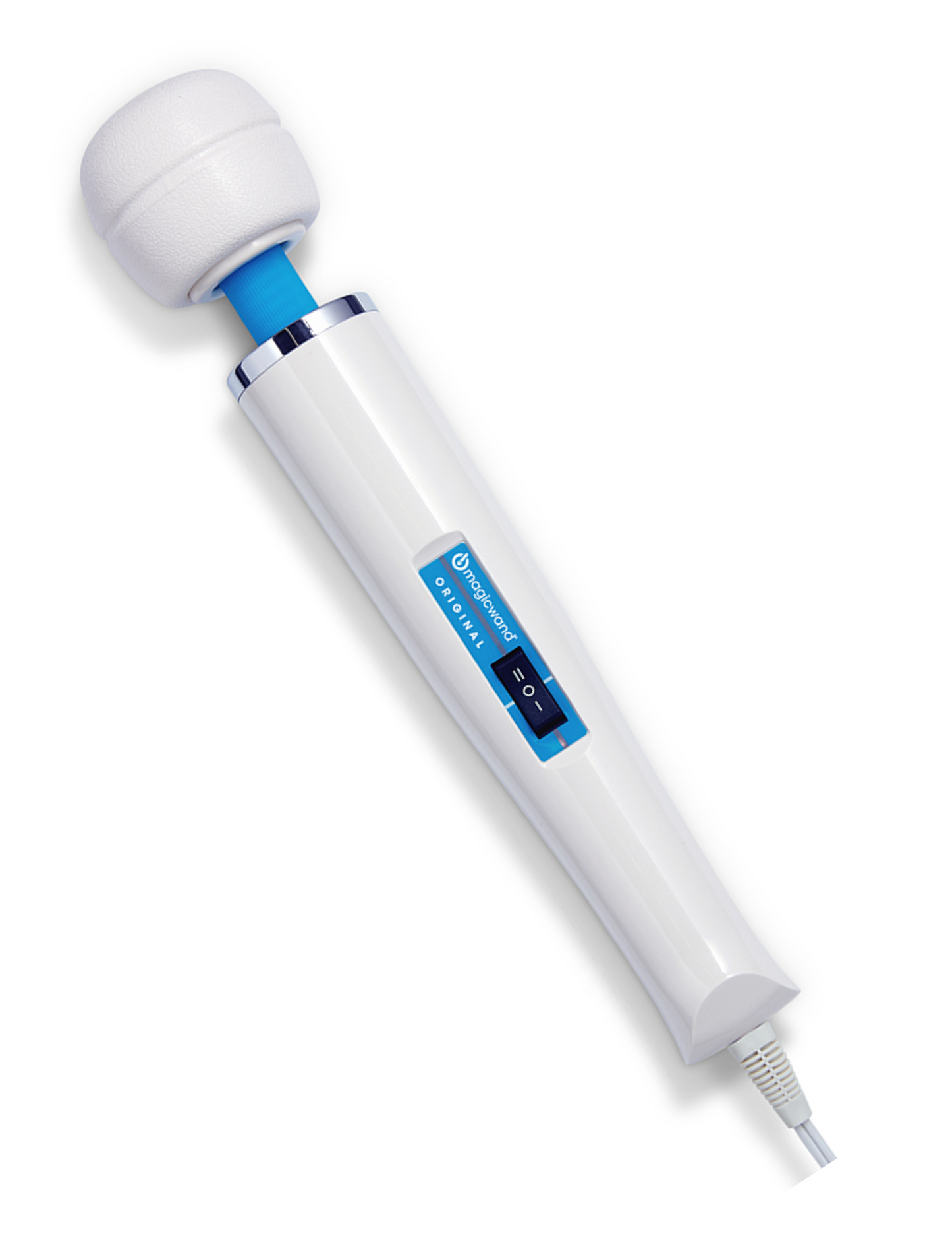 Over-head photo of the Hitachi Magic Wand Original Massager shows its control switch and plug-in cord.