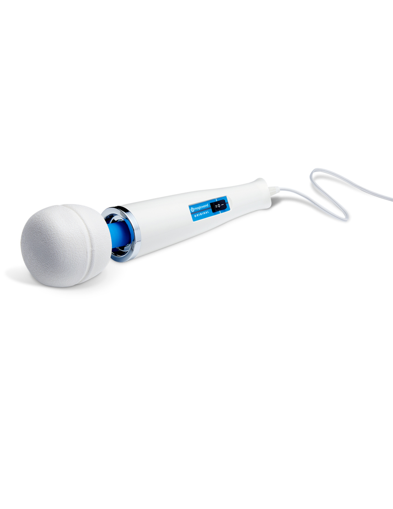 Angled view of the Hitachi Magic Wand Original Massager shows its lengthy cord and prominent massaging head.