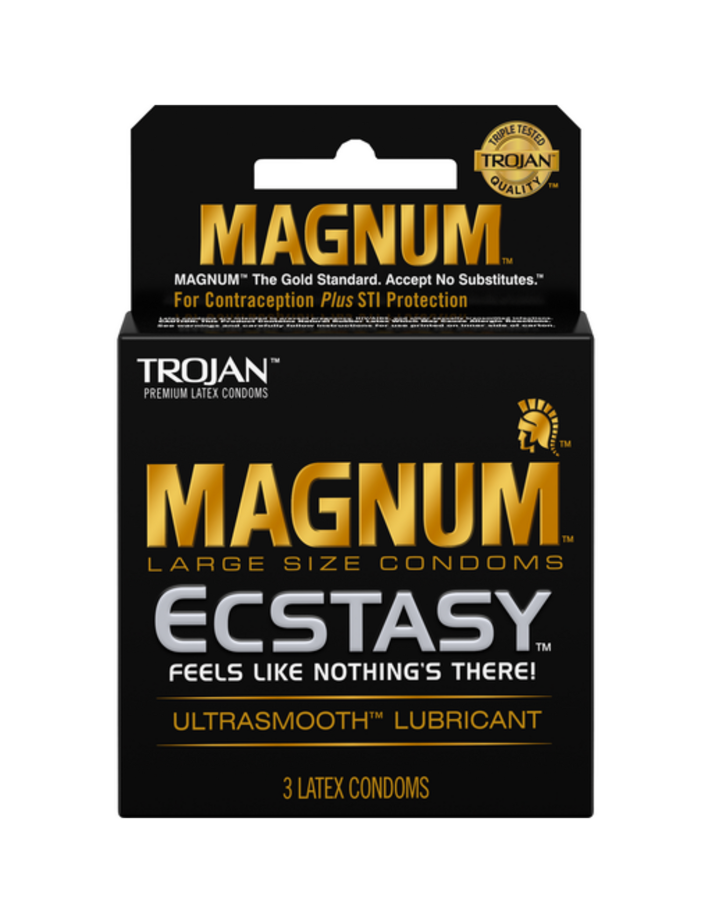 Trojan Magnum Ecstasy 3pk condoms in their box.