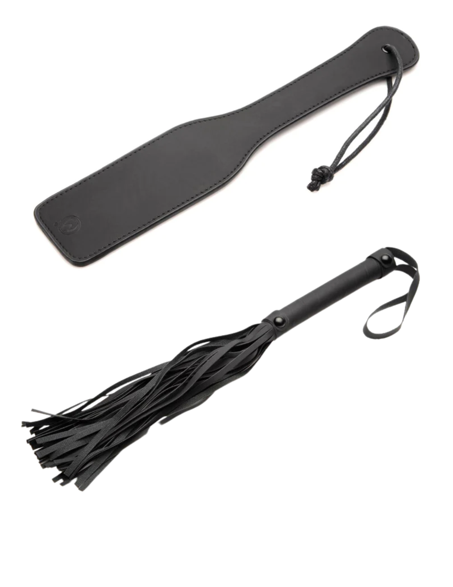 Image features the paddle and flogger from the Master of Kink PU Leather Deluxe Bondage Set by Master Series and XR Brands.