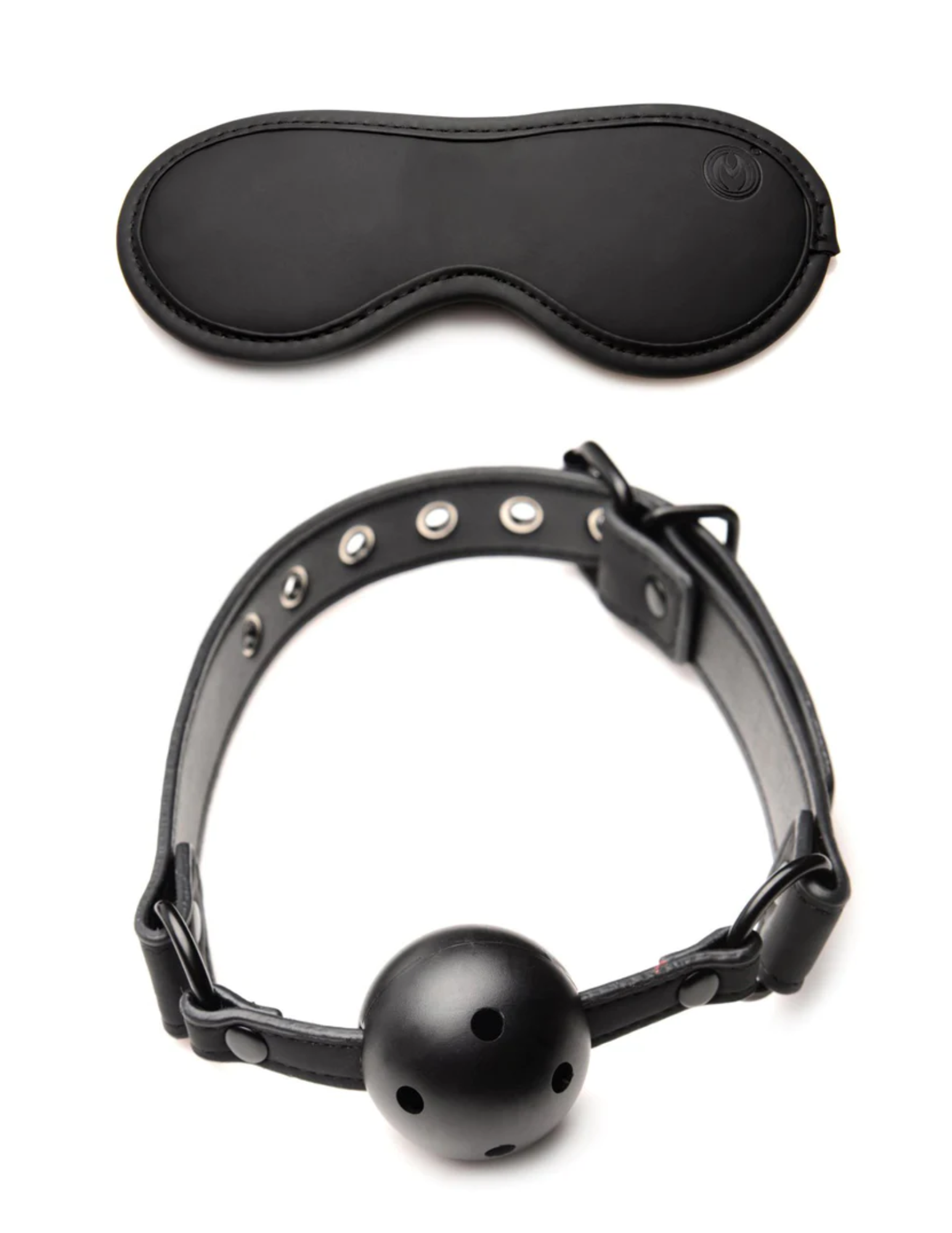 Image features the blindfold and ball gag from the Master of Kink PU Leather Deluxe Bondage Set by Master Series and XR Brands.