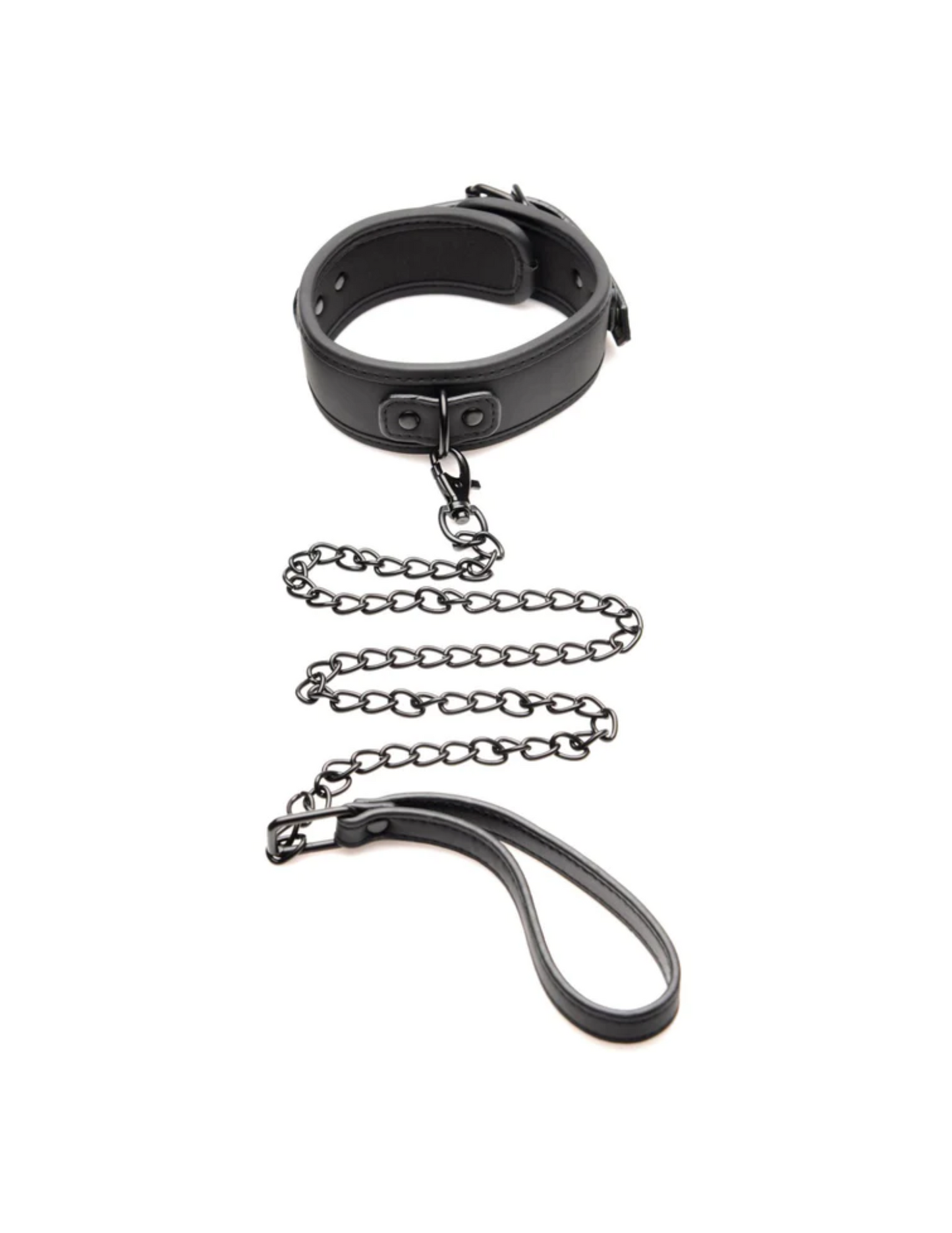 Image features the collar and leash from the Master of Kink PU Leather Deluxe Bondage Set by Master Series and XR Brands.
