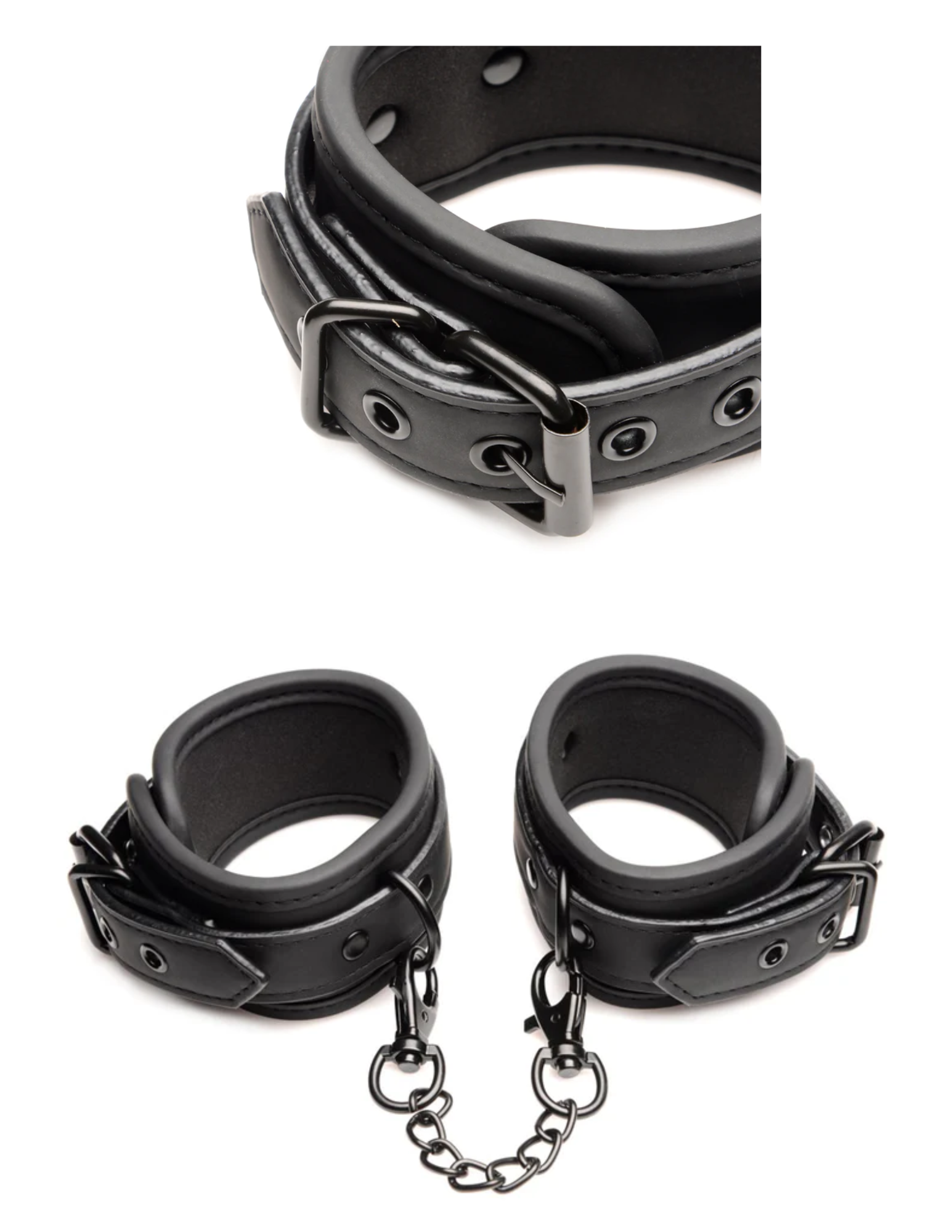Image features the wrist cuffs and their buckles from the Master of Kink PU Leather Deluxe Bondage Set by Master Series and XR Brands.