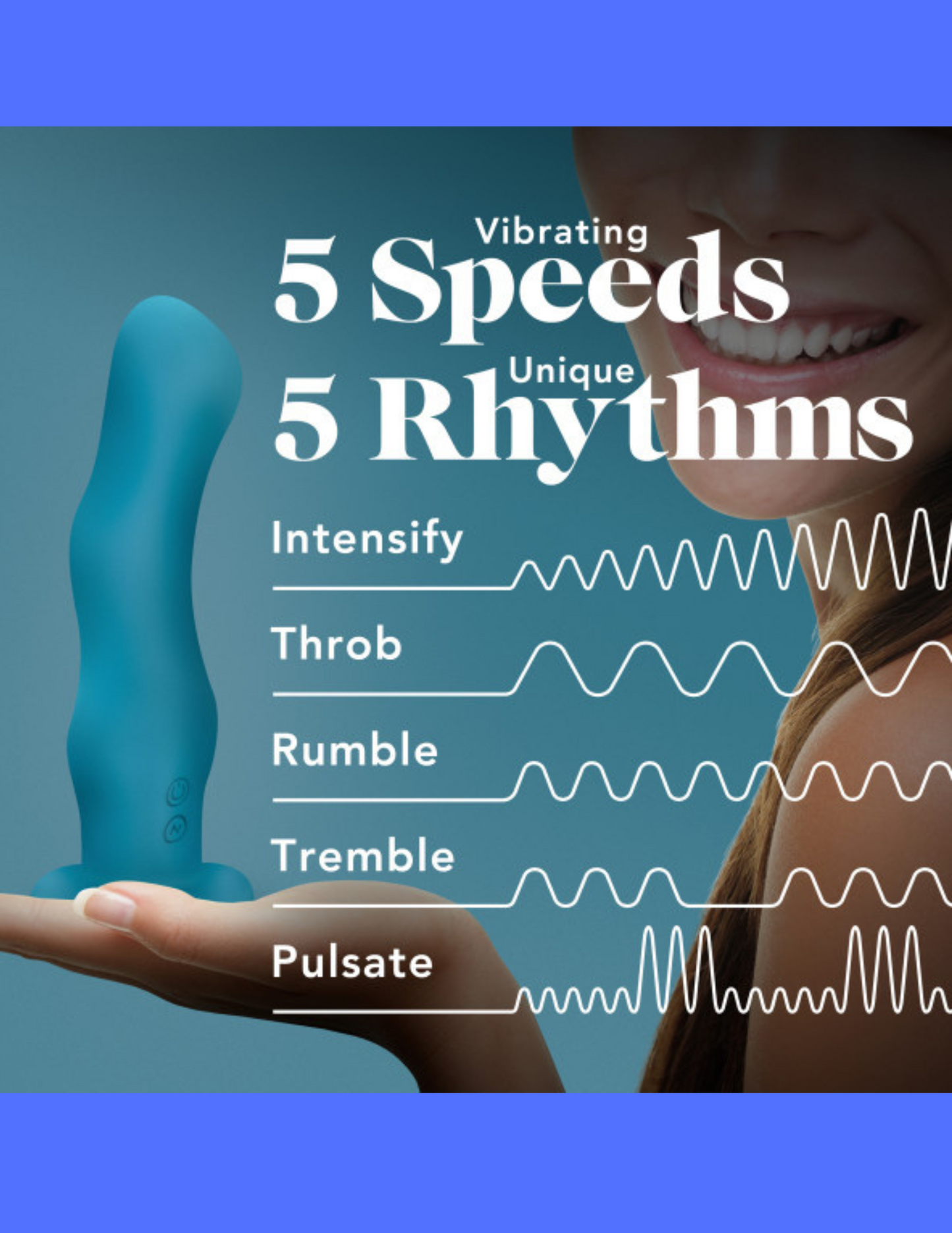 Image highlights the various speeds and patterns of the Impressions Miami Vibrator from Blush (teal).