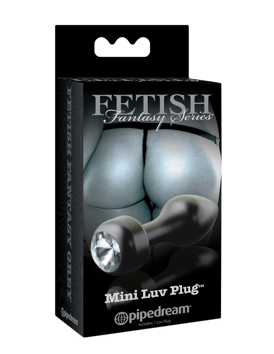 Photo of the front of the box for the Fetish Fantasy Series Limited Editon Mini Luv Plug (aluminum) from Pipedreams (black).