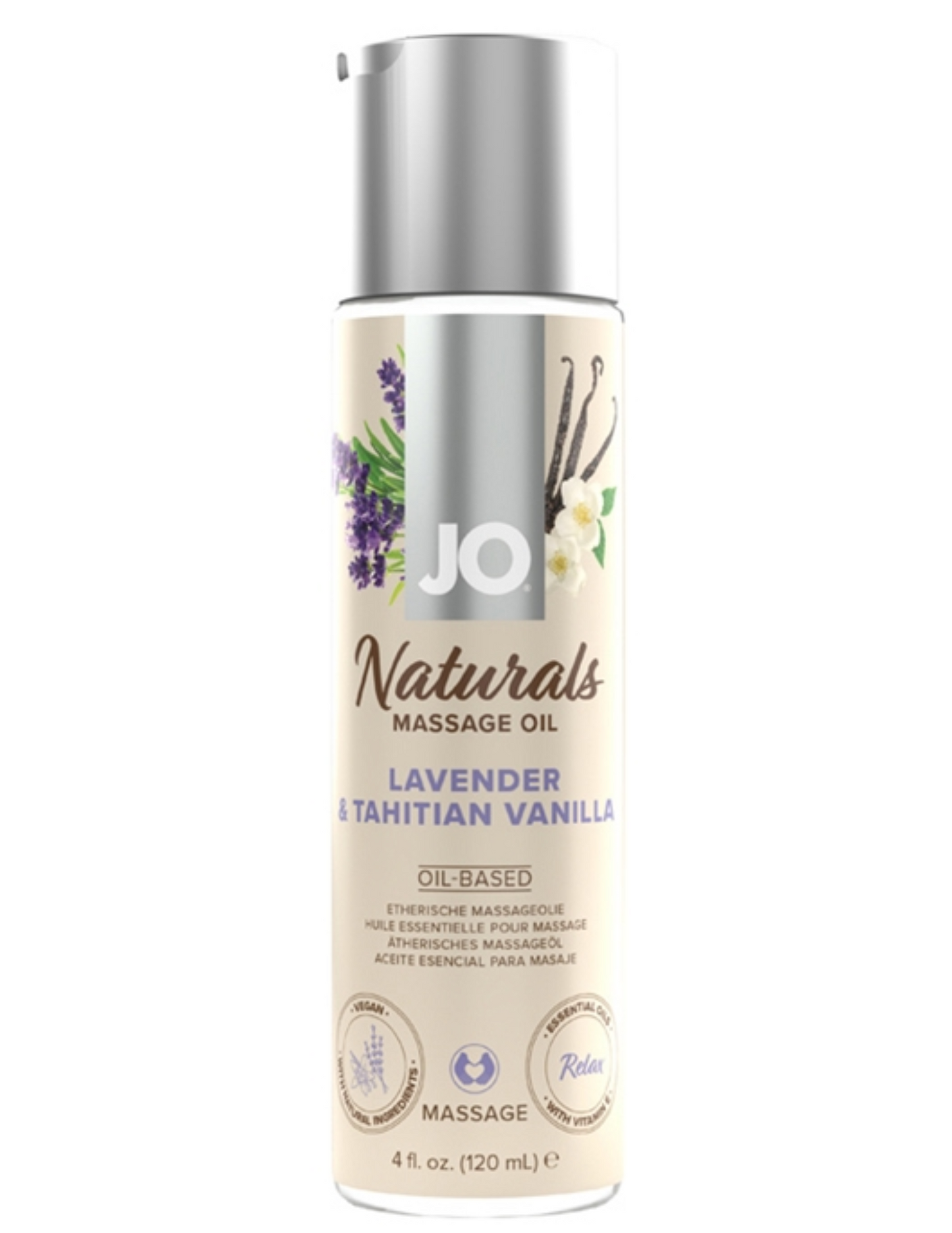 Jo Naturals Massage Oil Lavender and Tahitian Vanilla 4oz bottle.