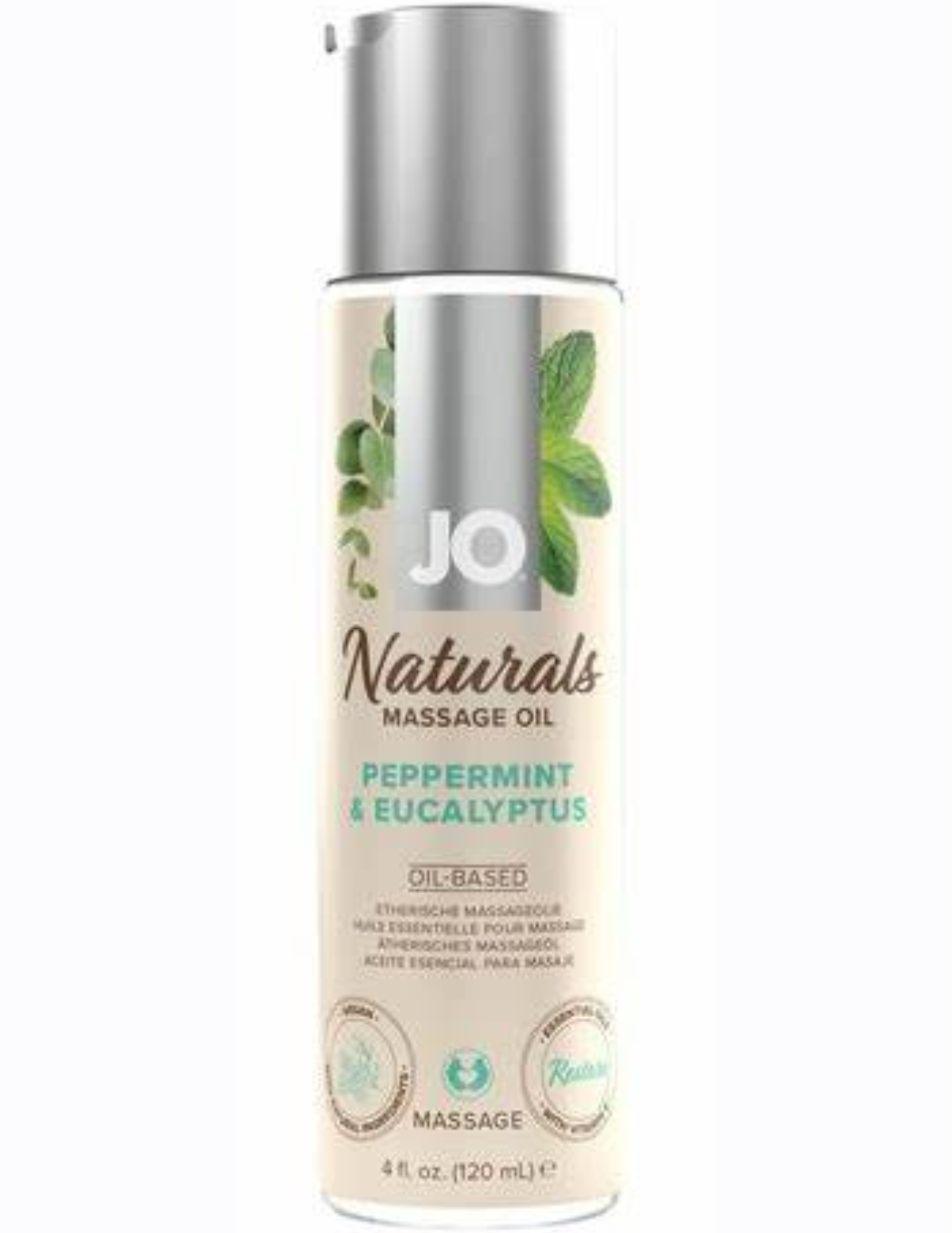 JO Naturals Massage Oil 4oz bottle Peppermint and Eucalyptus.