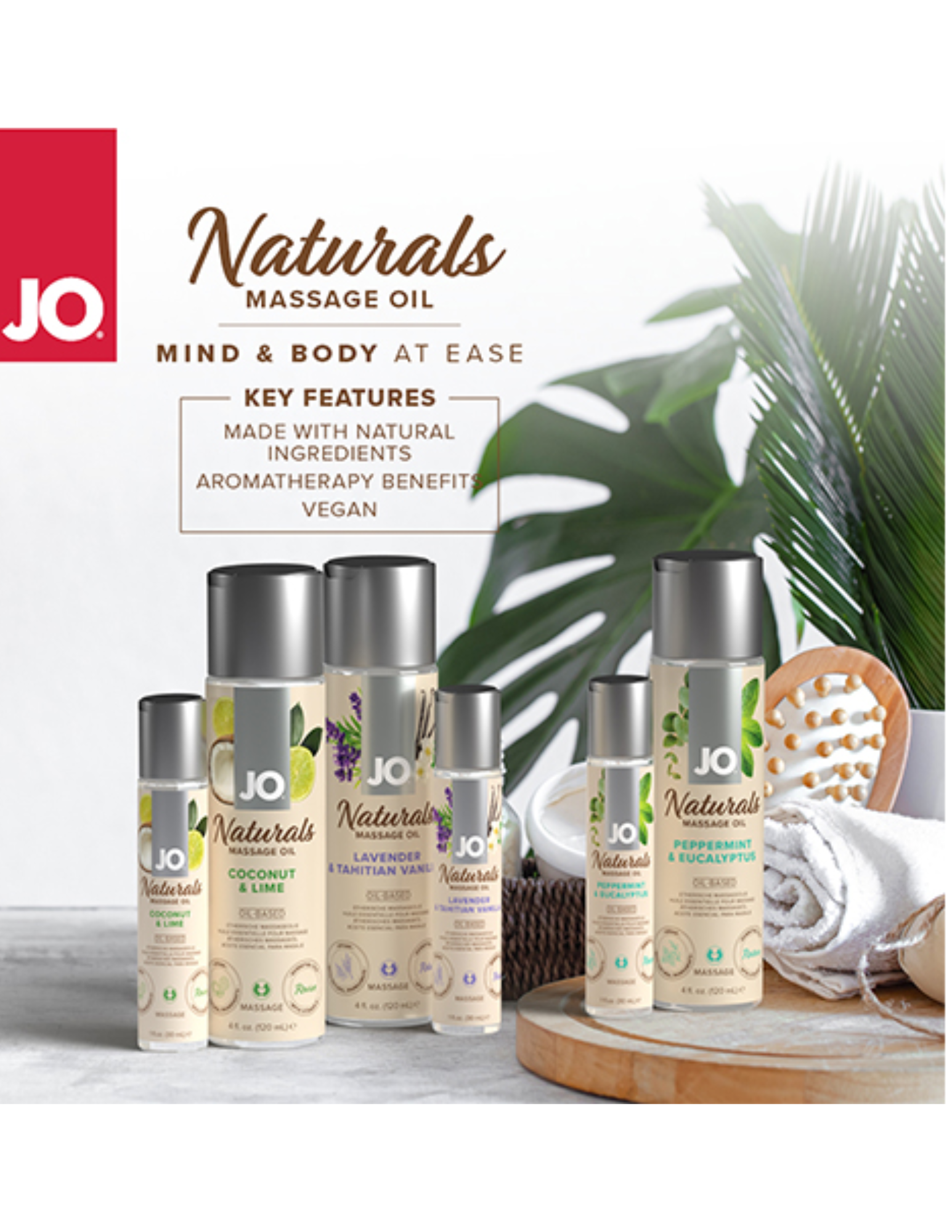 Ad for all of the scents of the System Jo Naturals Massage Oil line.