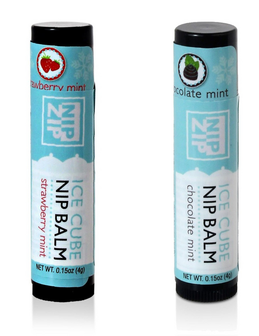 Image shows both flavors of Nip Zip and their boxes: Strawberry Mint and Chocolate Mint