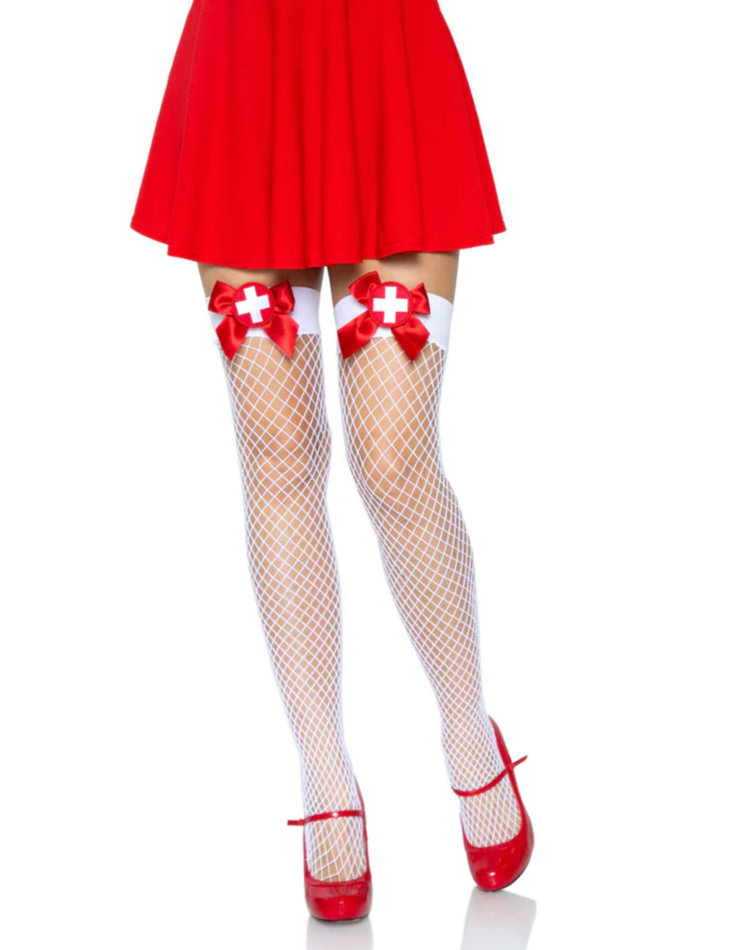 Leg Avenue nurse themed white industrial net thigh high stockings with red bows and white crosses. Front view shown with red shoes and red skirt.