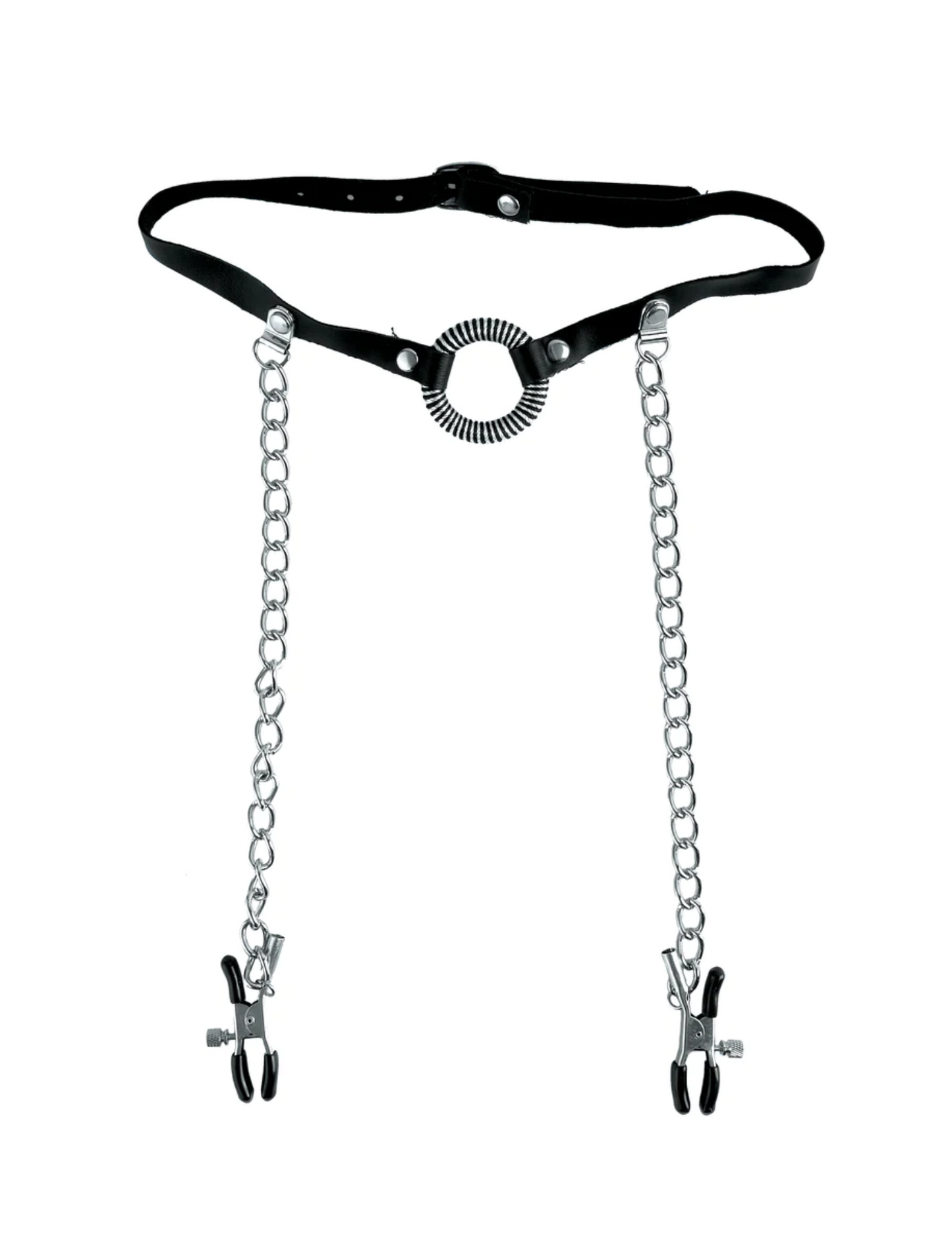 Full view of the etish Fantasy Series O-Ring Gag and Nipple Clamps from Pipedreams (black).