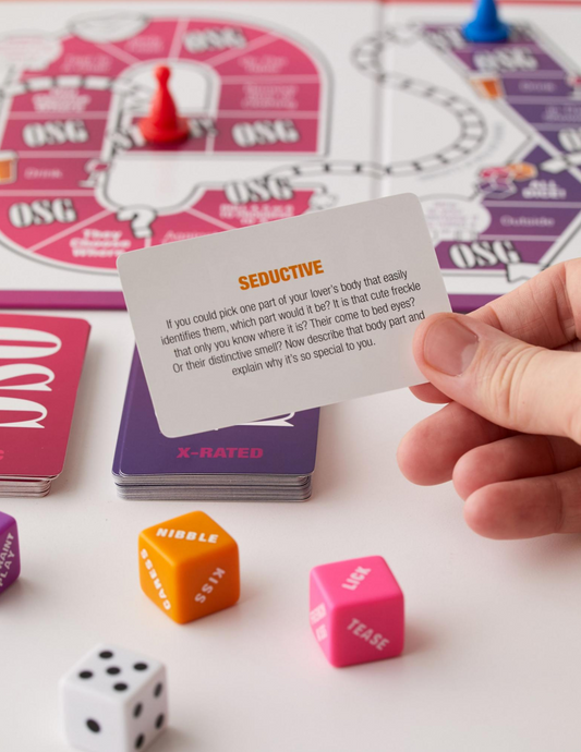 Close-up of one of the cards as well as the dice from the Our Sex Game board game from Creative Concepts.