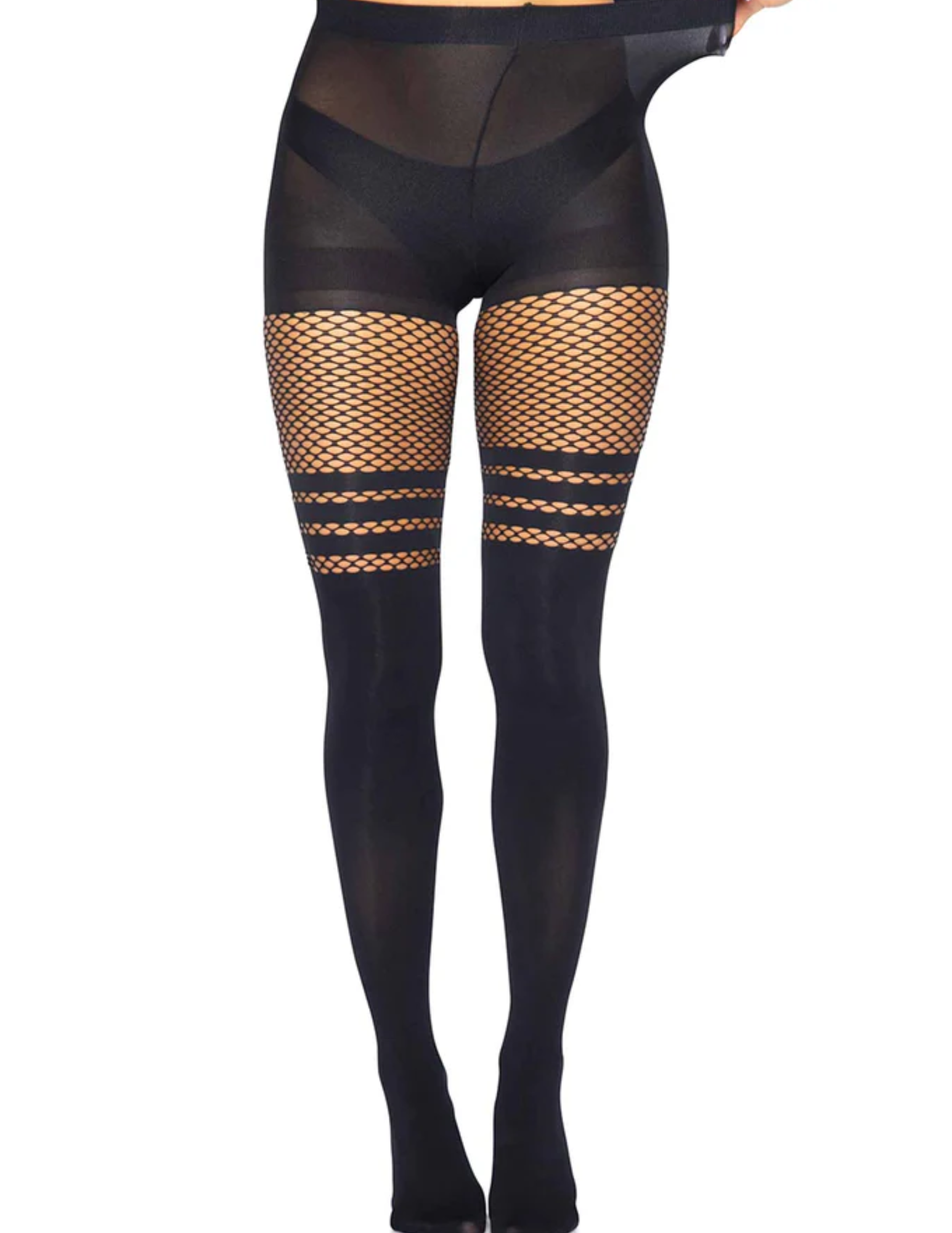 Photo shows the stretch of the waist on the Opaque Thigh High w/ Stripes by Leg Avenue (black, OS).