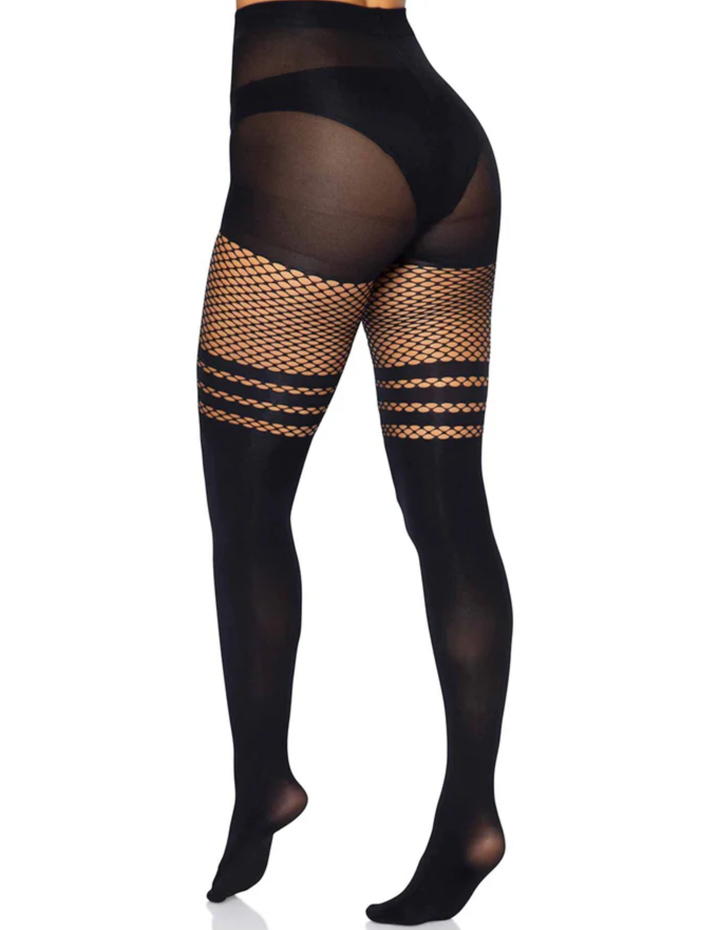Photo shows the back of a model wearing the Opaque Thigh High w/ Stripes by Leg Avenue (black, OS).