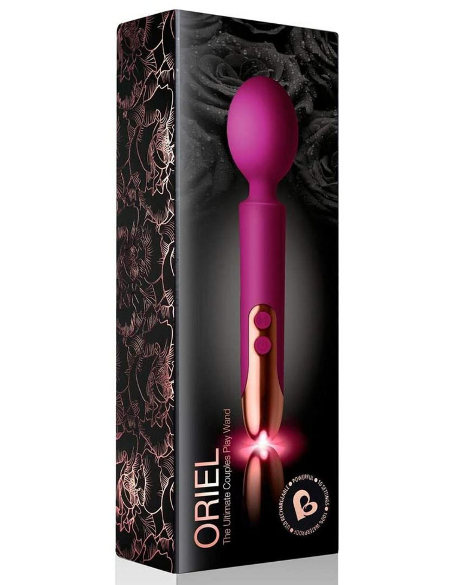 Photo of the front of the box for the Oriel Wand Massager from Rocks Off (magenta).