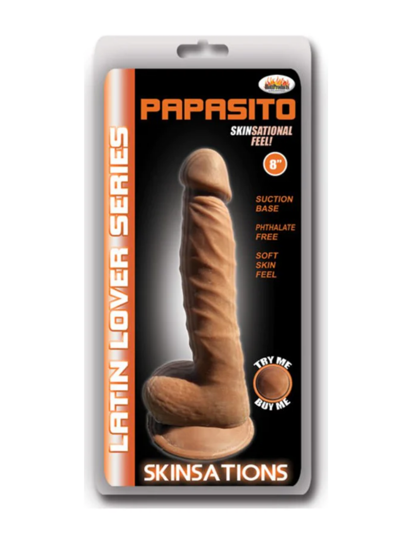 Photo of the product and package for the kinsations Papasito Dildo from Hott Products.
